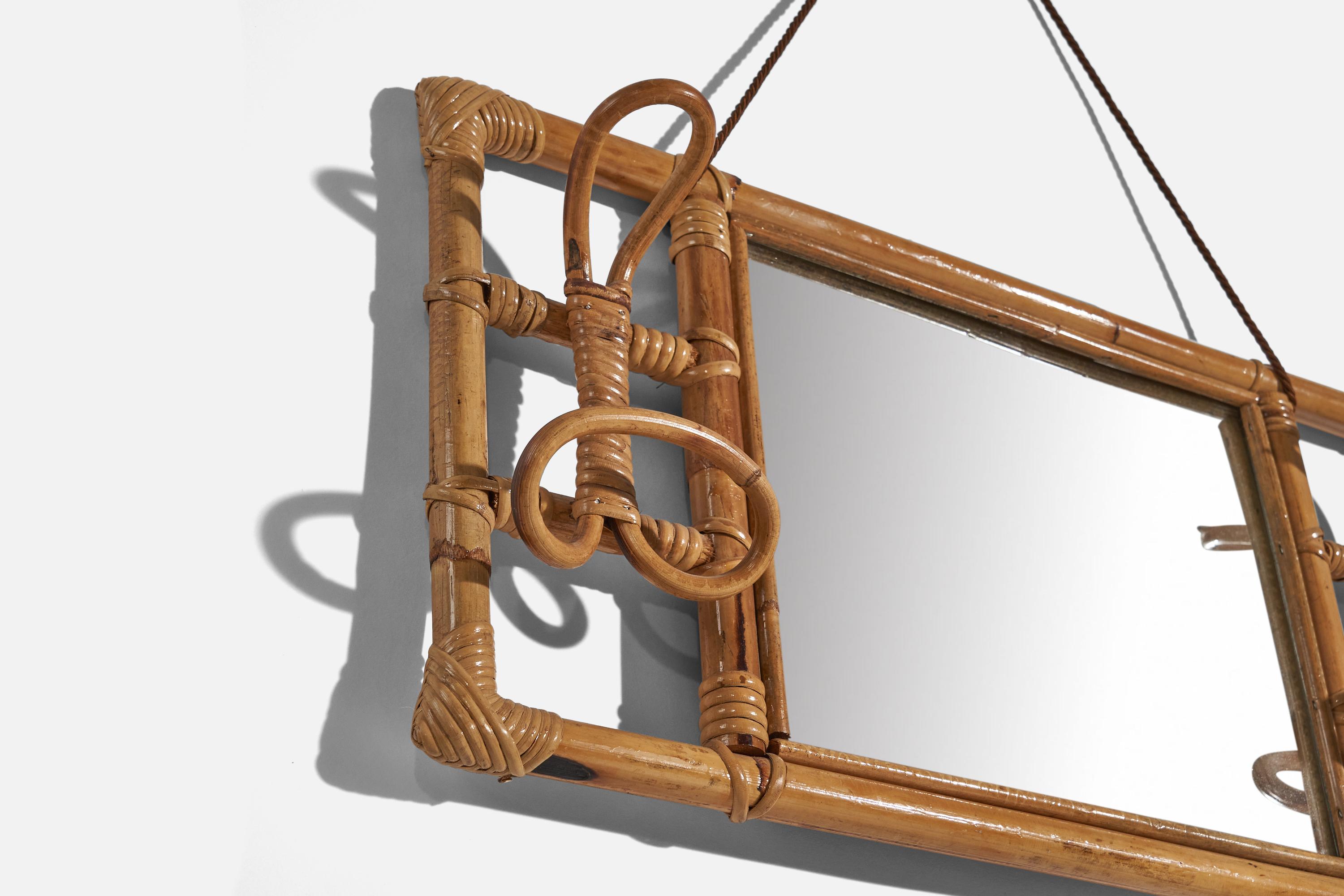 Mid-20th Century Italian Designer, Wall Coat Rack with Mirror, Rattan, Bamboo, Italy, c. 1950s For Sale