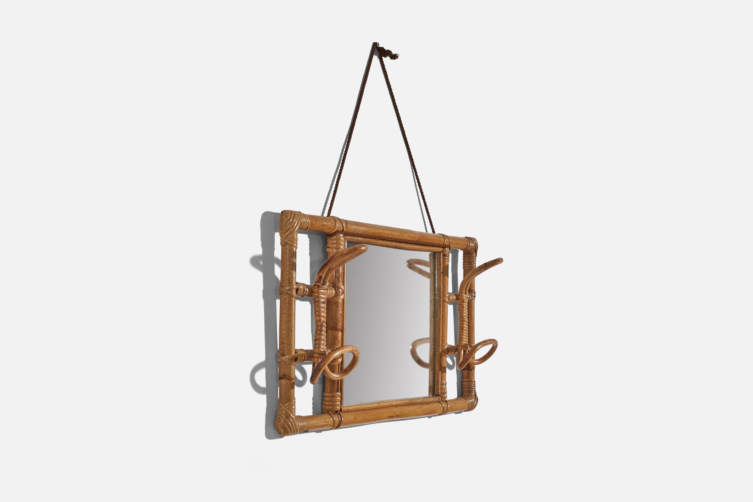 Italian Designer, Wall Coat Rack with Mirror, Rattan, Bamboo, Italy, c. 1950s For Sale 1