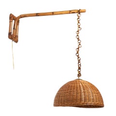 Italian Designer, Wall Light, Bamboo, Rattan, Brass, Italy, 1970s