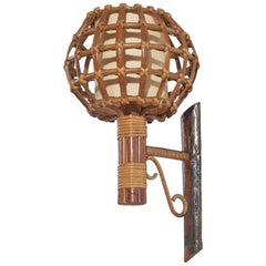 Italian Designer, Wall Light, Bamboo, Rattan, Italy, 1970s