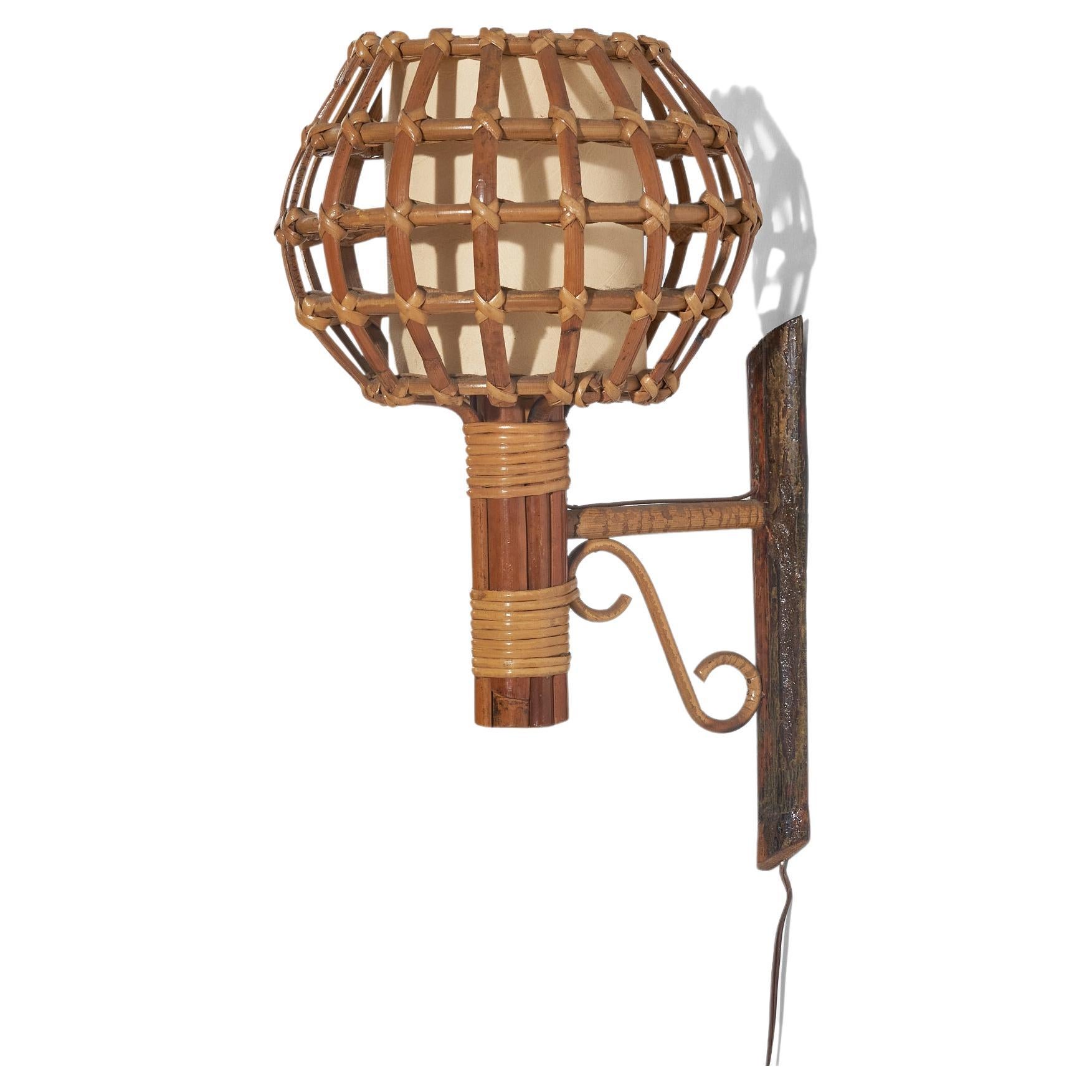 Italian Designer, Wall Light, Bamboo, Rattan, Italy, 1970s For Sale