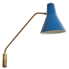 Italian Designer, Wall Light, Brass, Blue Lacquered Metal, Italy, c. 1950s