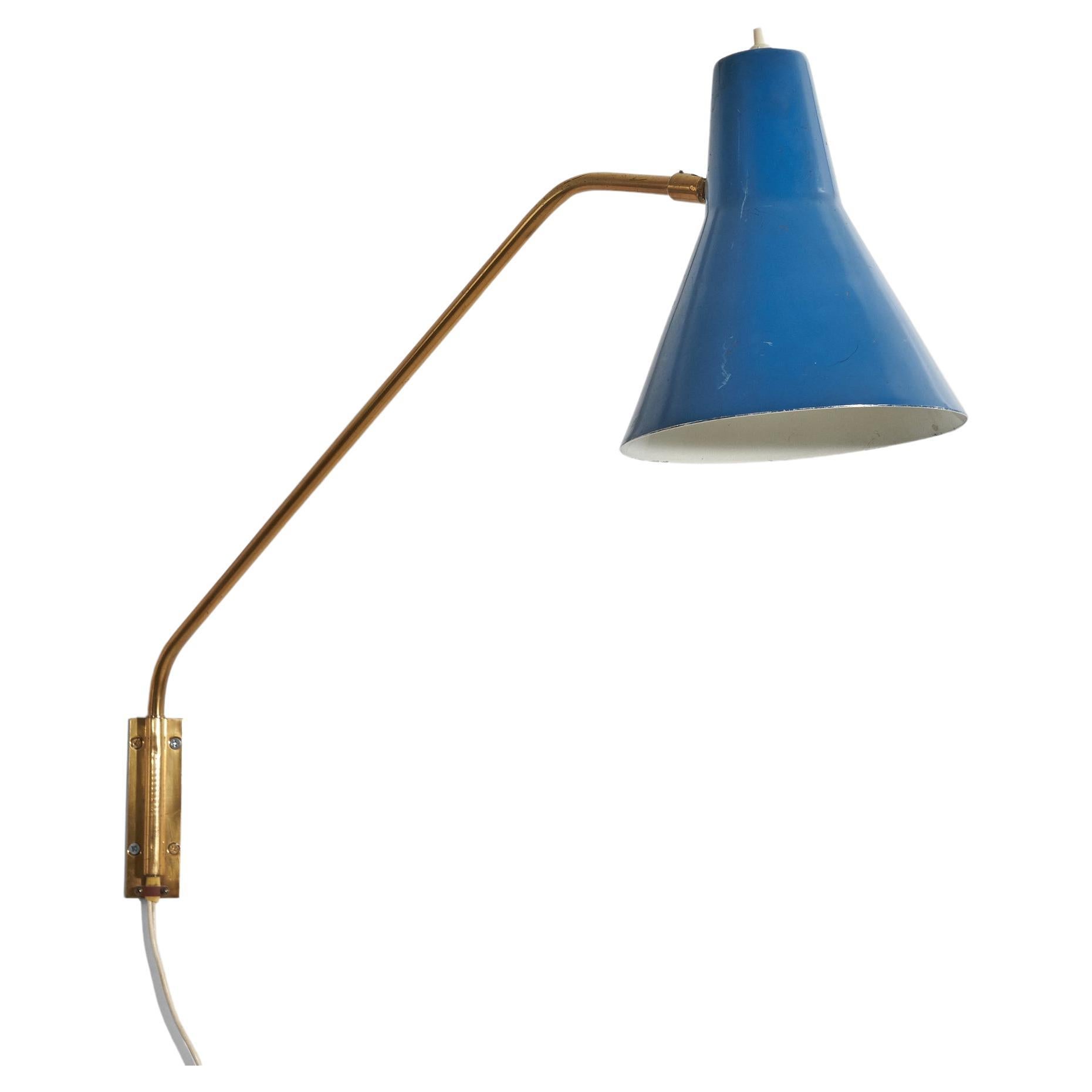 Italian Designer, Wall Light, Brass, Blue Lacquered Metal, Italy, c. 1950s For Sale