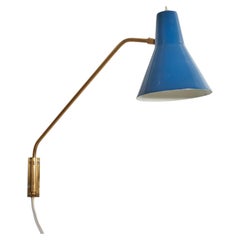 Italian Designer, Wall Light, Brass, Blue Lacquered Metal, Italy, c. 1950s