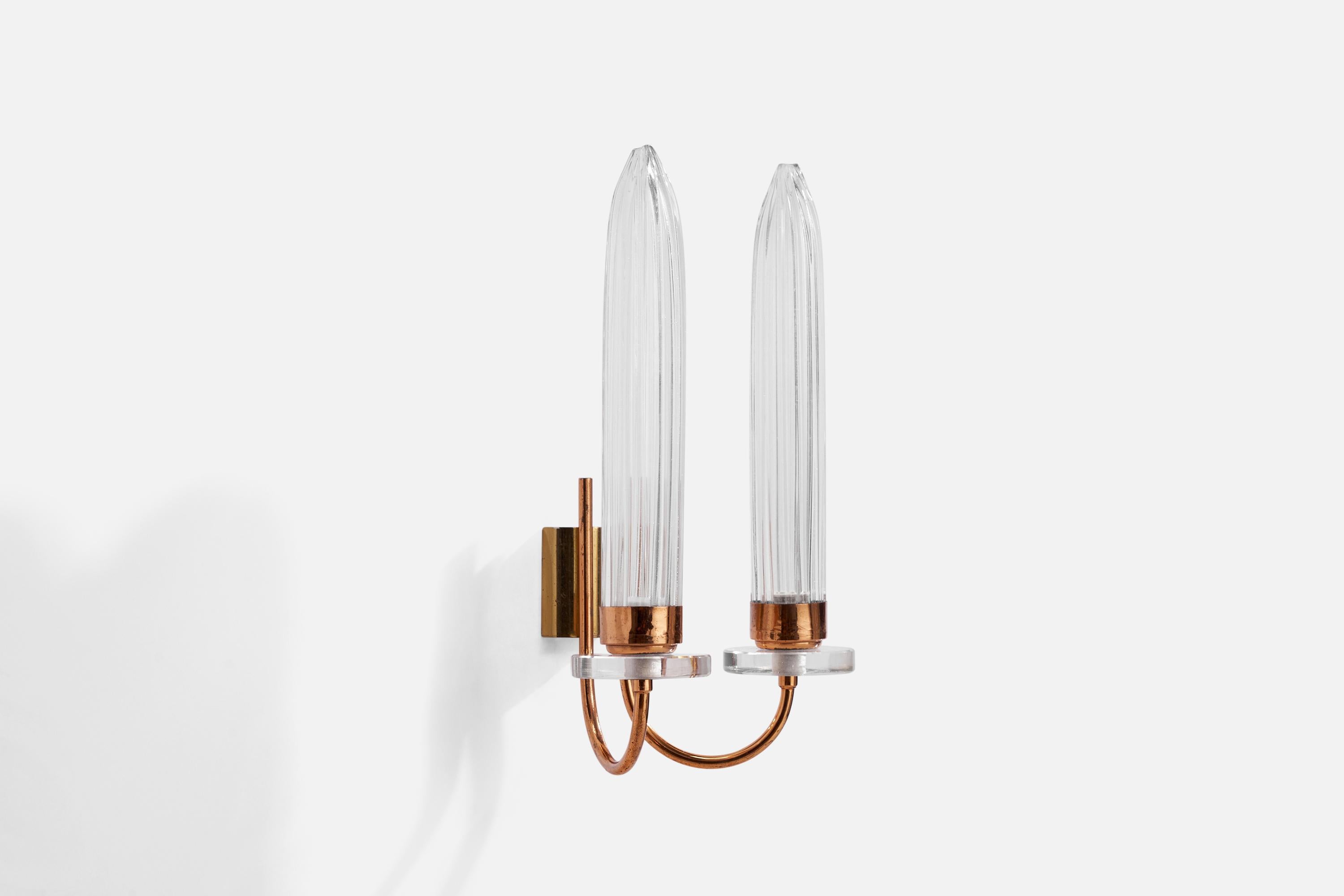 A two-armed brass, glass and copper wall light designed and produced in Italy, c. 1970s.

Overall Dimensions (inches): 13.5” H x 8” W x 5.5” D
Back Plate Dimensions (inches): 2.5”  H x 2” W x .75” D
Bulb Specifications: E-14 Bulb
Number of Sockets: