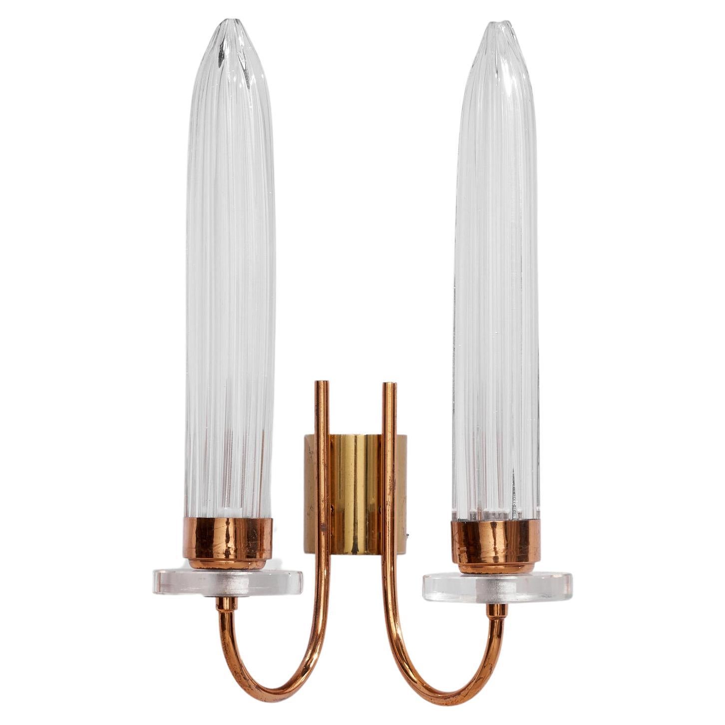 Italian Designer, Wall Light, Brass, Copper, Glass, Italy, 1970s For Sale