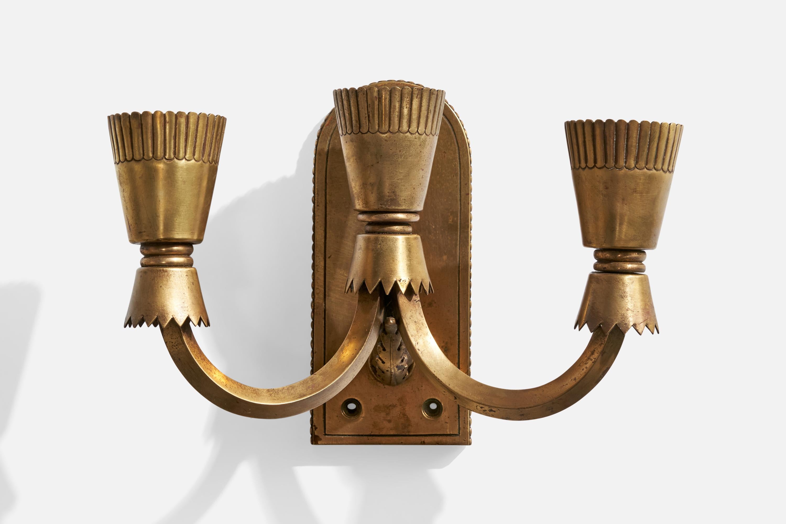 Italian Designer, Wall Light, Brass, Fabric, Italy, 1930s For Sale 1