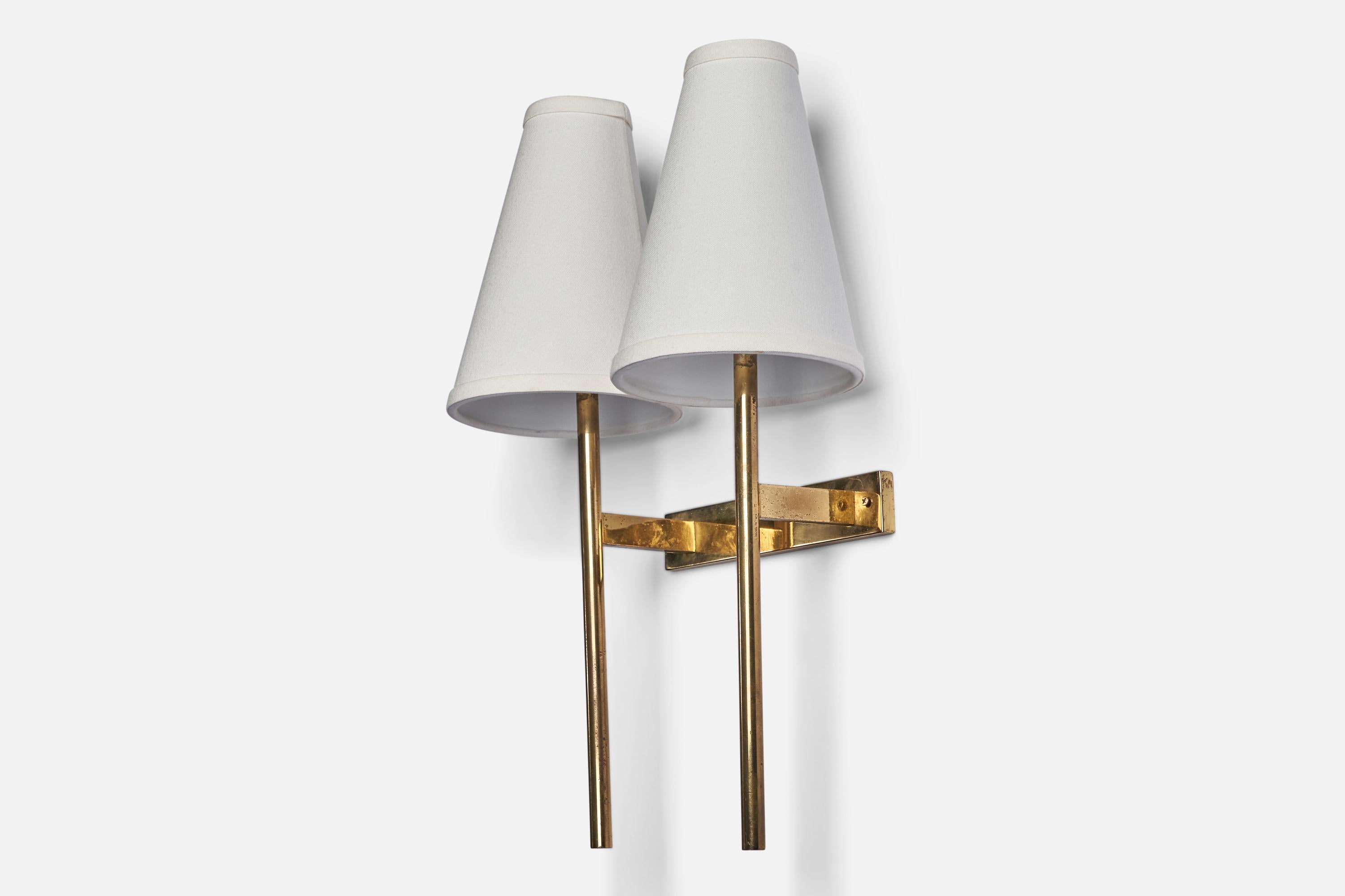 A two-armed brass and white fabric wall light, designed and produced in Italy, c. 1940s. 

Overall Dimensions (inches): 19.5