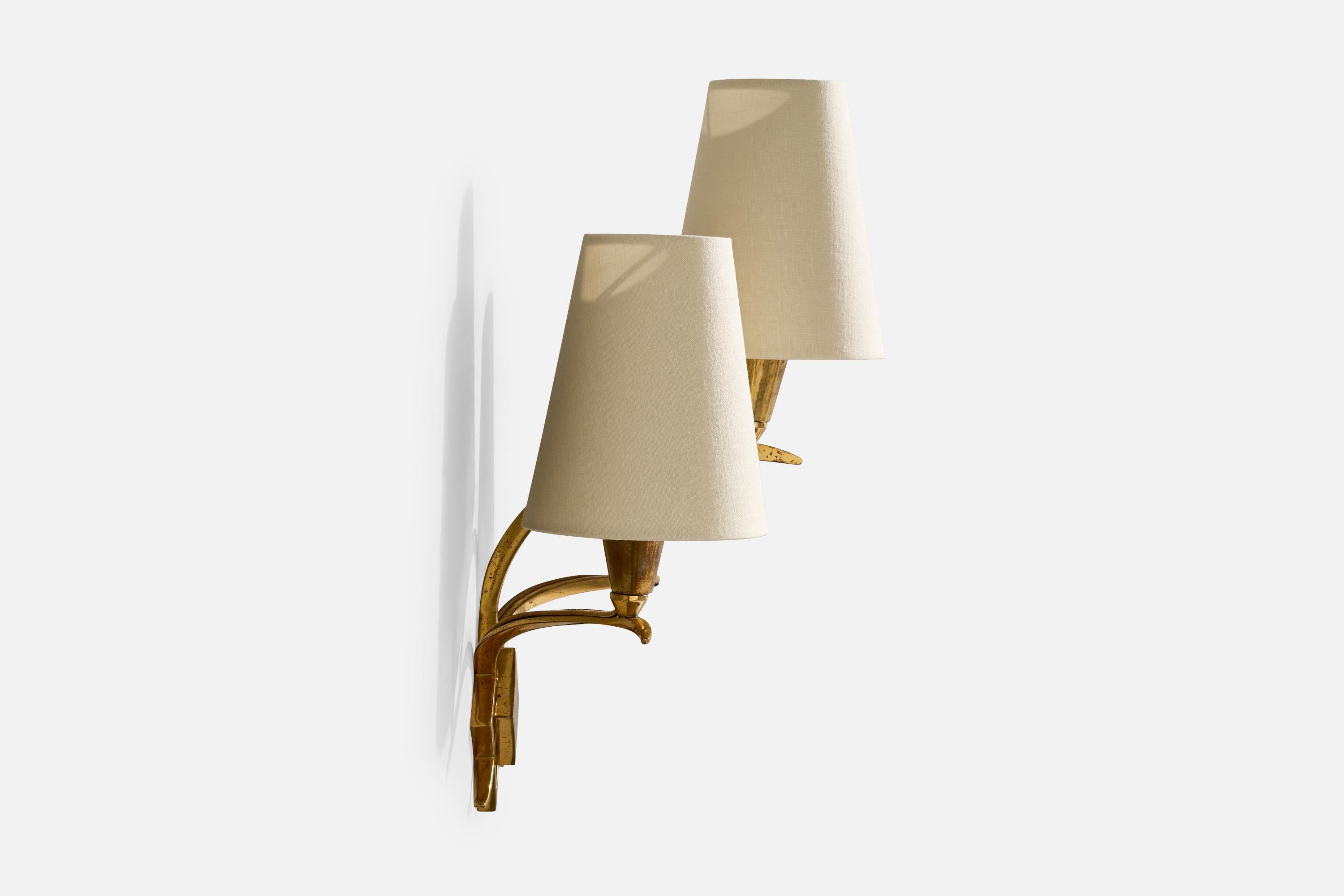 Italian Designer, Wall Light, Brass, Fabric, Italy, 1940s For Sale 1