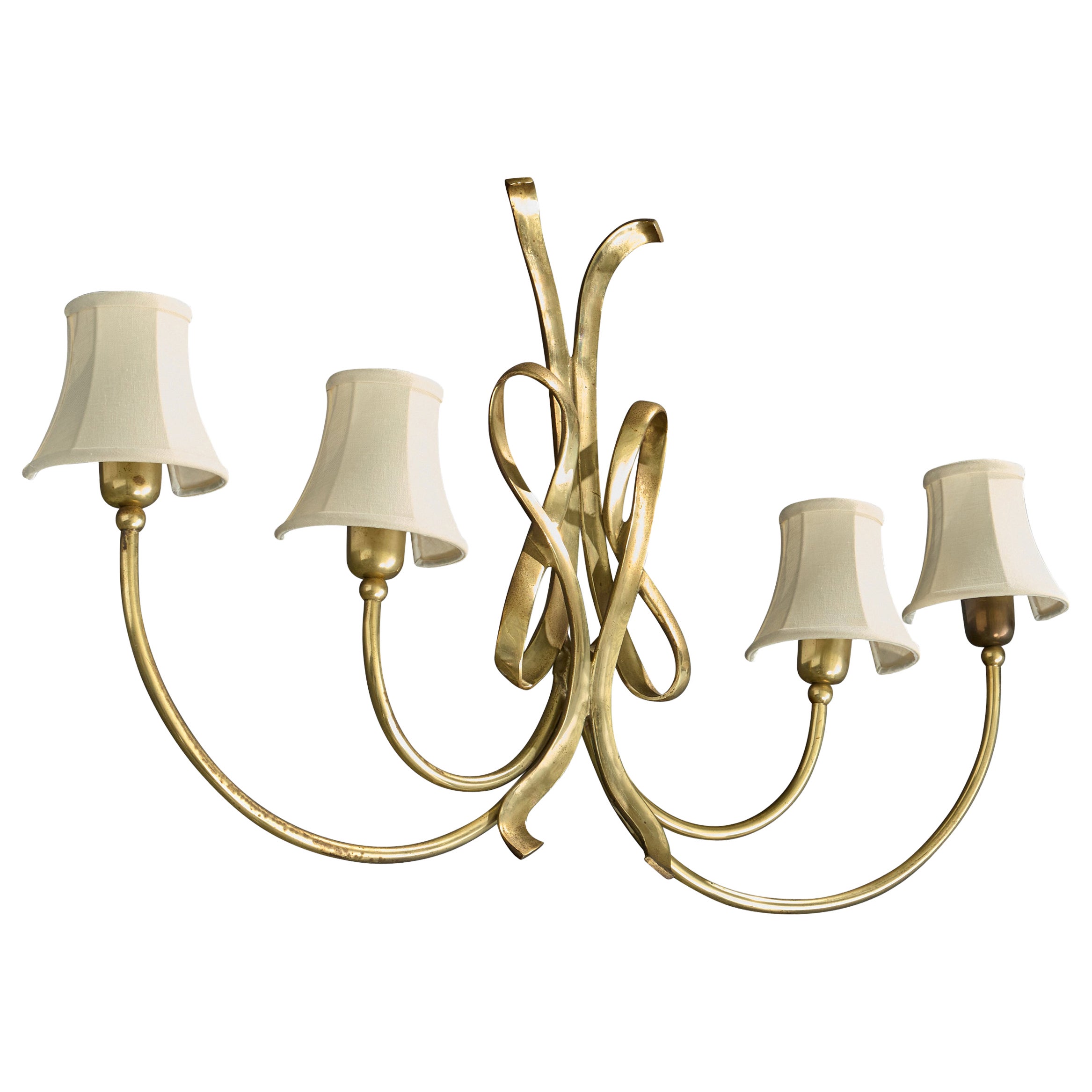 Italian Designer, Wall Light, Brass, Fabric, Italy, 1940s For Sale