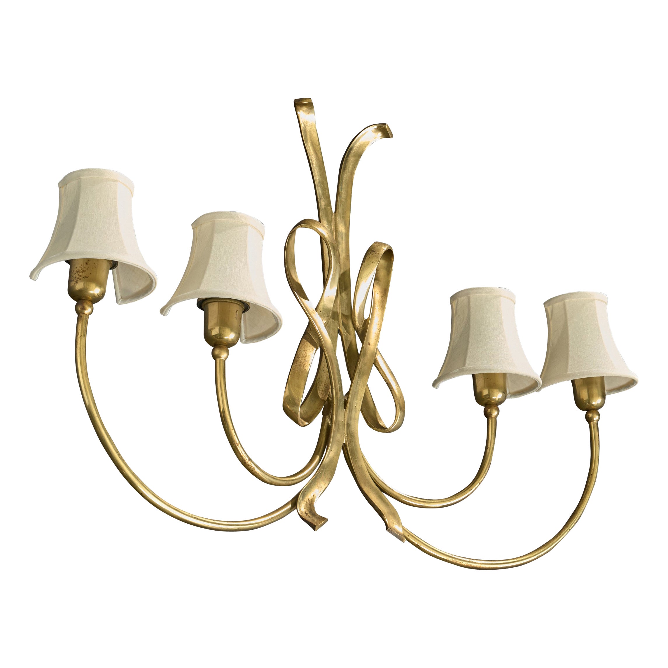 Italian Designer, Wall Light, Brass, Fabric, Italy, 1940s For Sale