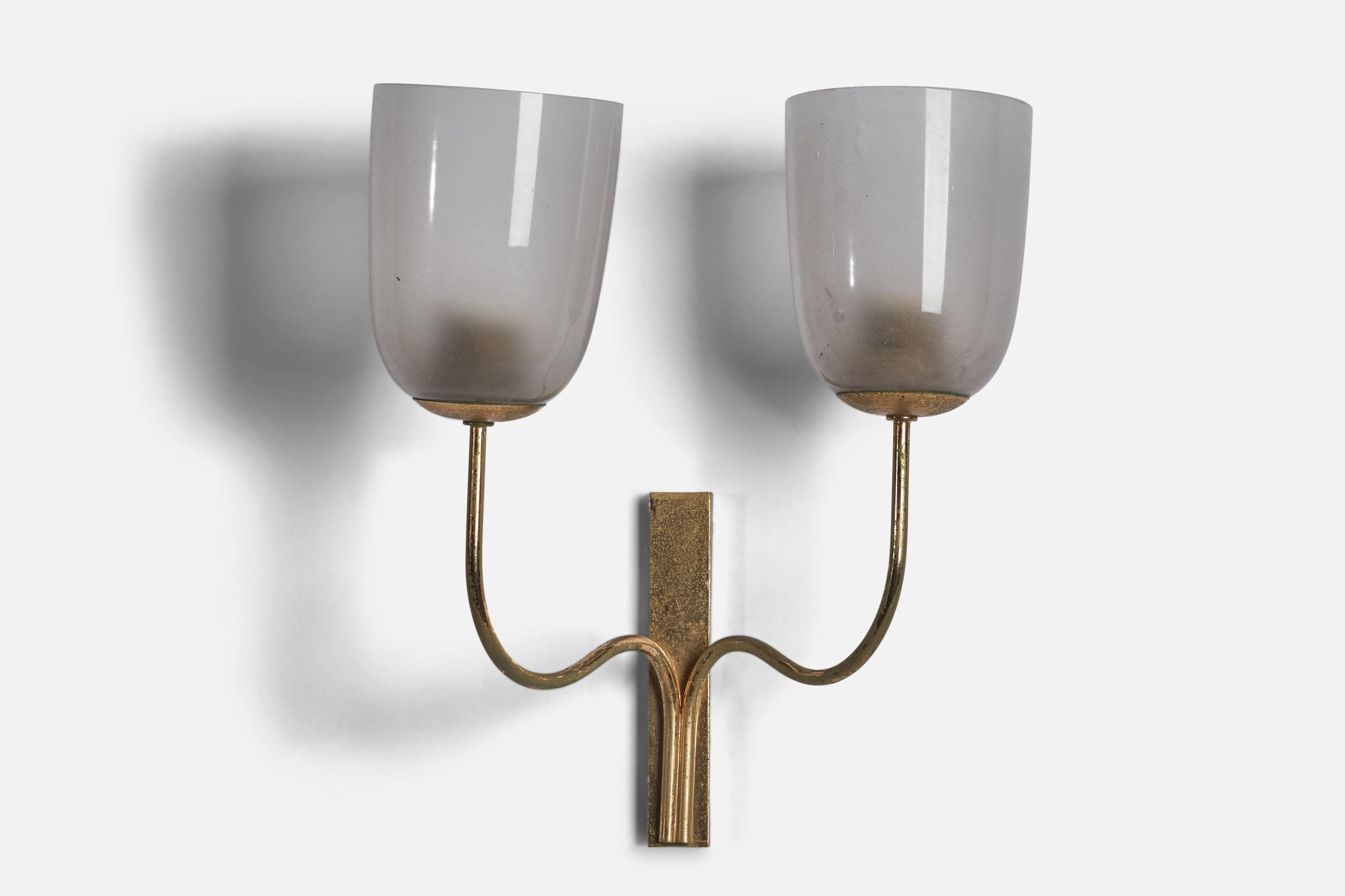 
An organic two-armed brass and milk glass wall light designed and produced in Italy, 1930s.
Overall Dimensions (inches): 14.5”:H x 12” W x 6.65” D
Back Plate Dimensions (inches): 6.75 H, 1.15 W, 0.6 D
Bulb Specifications: E-26 Bulb
Number of