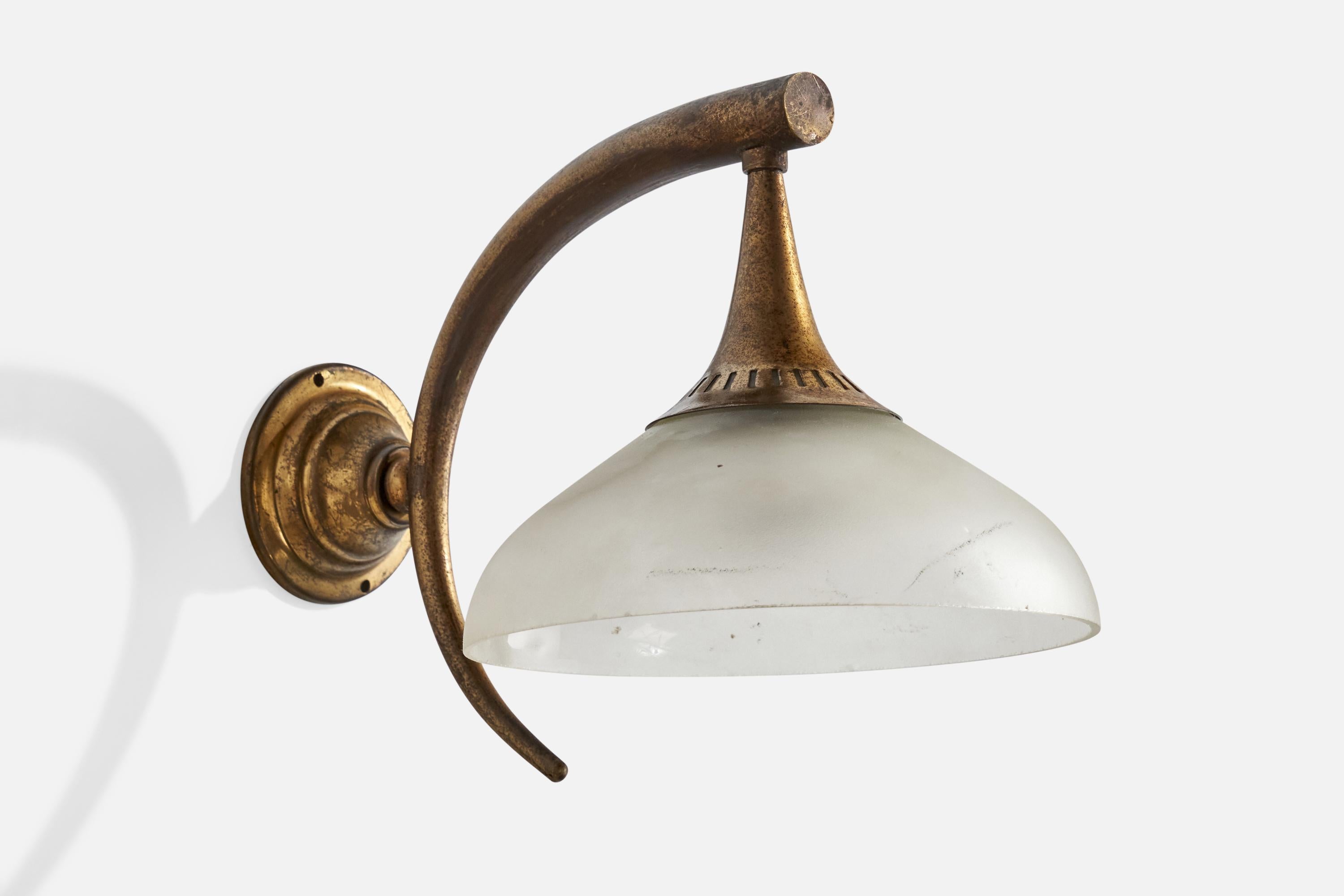 A brass and opaline glass wall light designed and produced in Italy, c. 1930s.

Overall Dimensions (inches):  7” H x 6.375” W x 9.75“D

Back Plate Dimensions (Inches):  2.75” H x 2.75” W x 1.625” D

Bulb Specifications: E-14 Bulbs

Number of Sockets