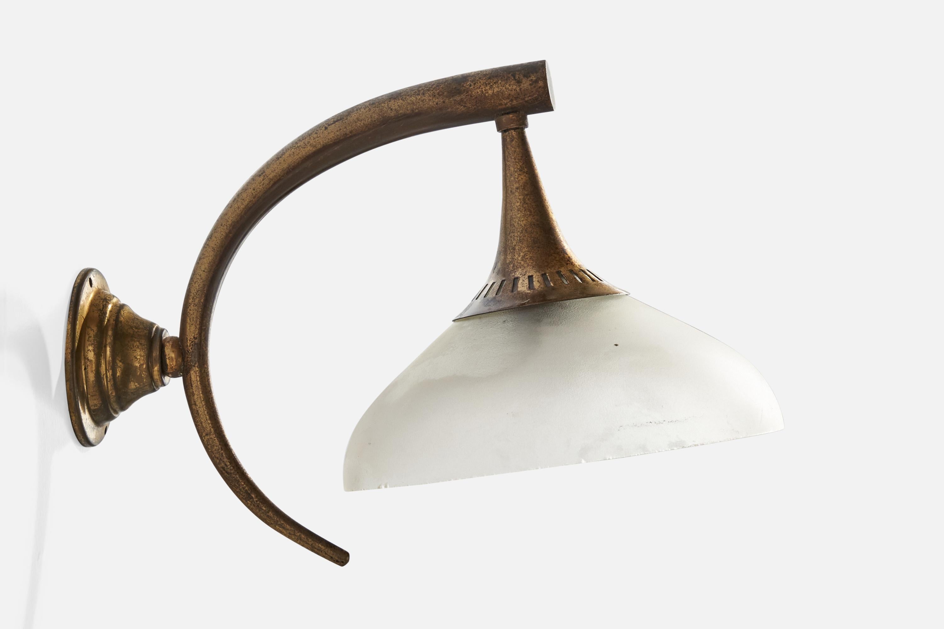 Mid-20th Century Italian Designer, Wall Light, Brass, Glass, Italy, 1930s For Sale