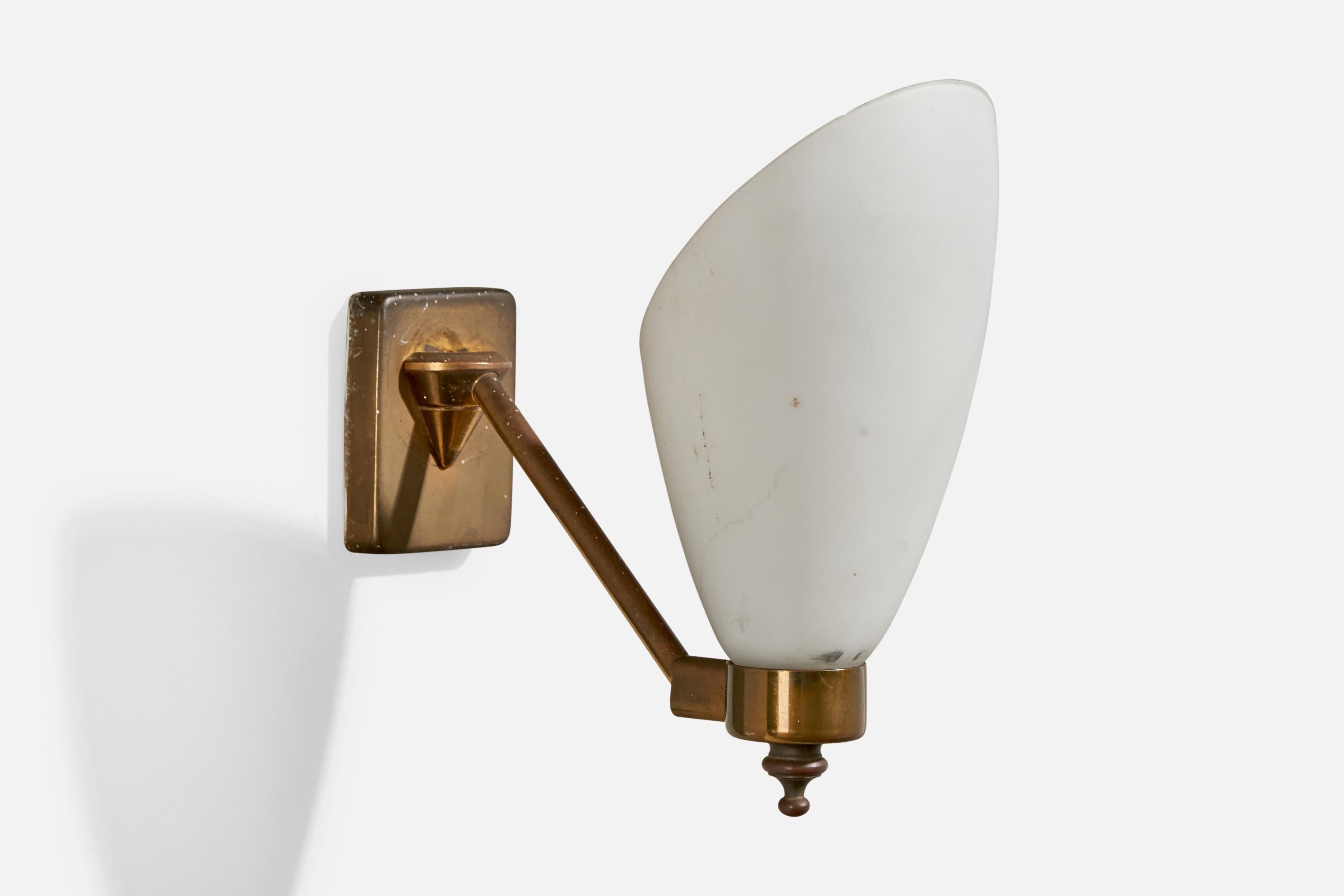 A brass and white opaline glass wall light designed and produced in Italy, c. 1940s.

Overall Dimensions (Inches): 7” H x 3.5” W x 6.9“ D

Back Plate Dimensions (Inches): 2.625” H x 2.125” W x .5” D

Bulb Specifications: E-14

Number of Sockets (per