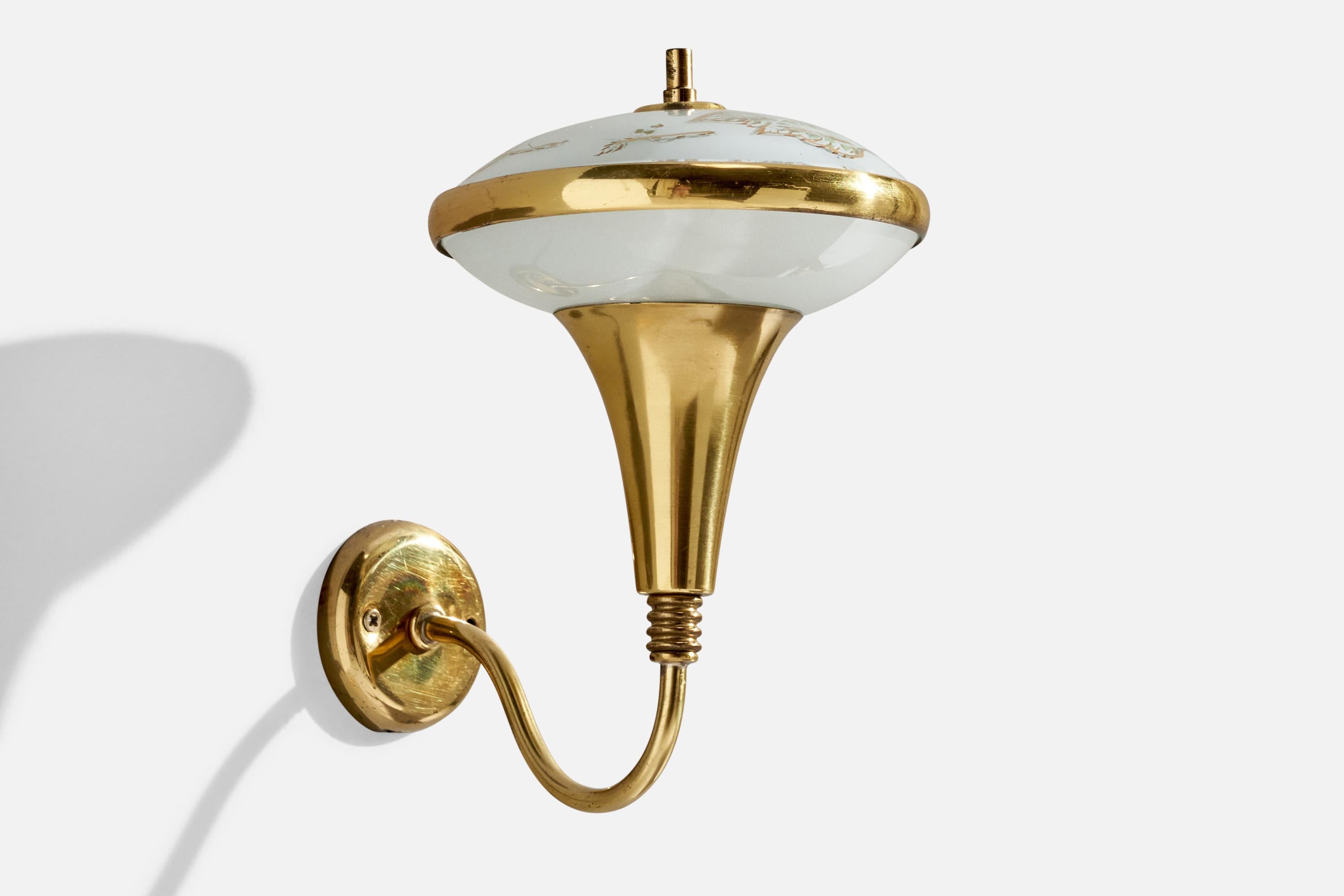 A brass and etched glass wall light designed and produced in Italy, c. 1950s.

Overall Dimensions (inches):  8” H x 5.25” W x 7“D

Back Plate Dimensions (Inches):  2.25” H x 2.25” W x .625” D

Bulb Specifications: E-14

Number of Sockets (per