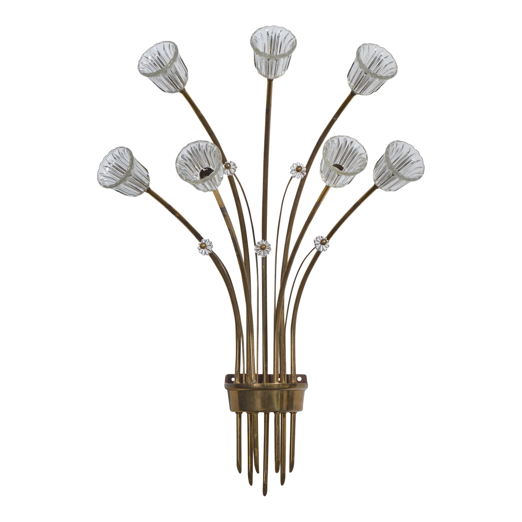 Italian Designer, Wall Light, Brass, Glass, Italy, 1950s