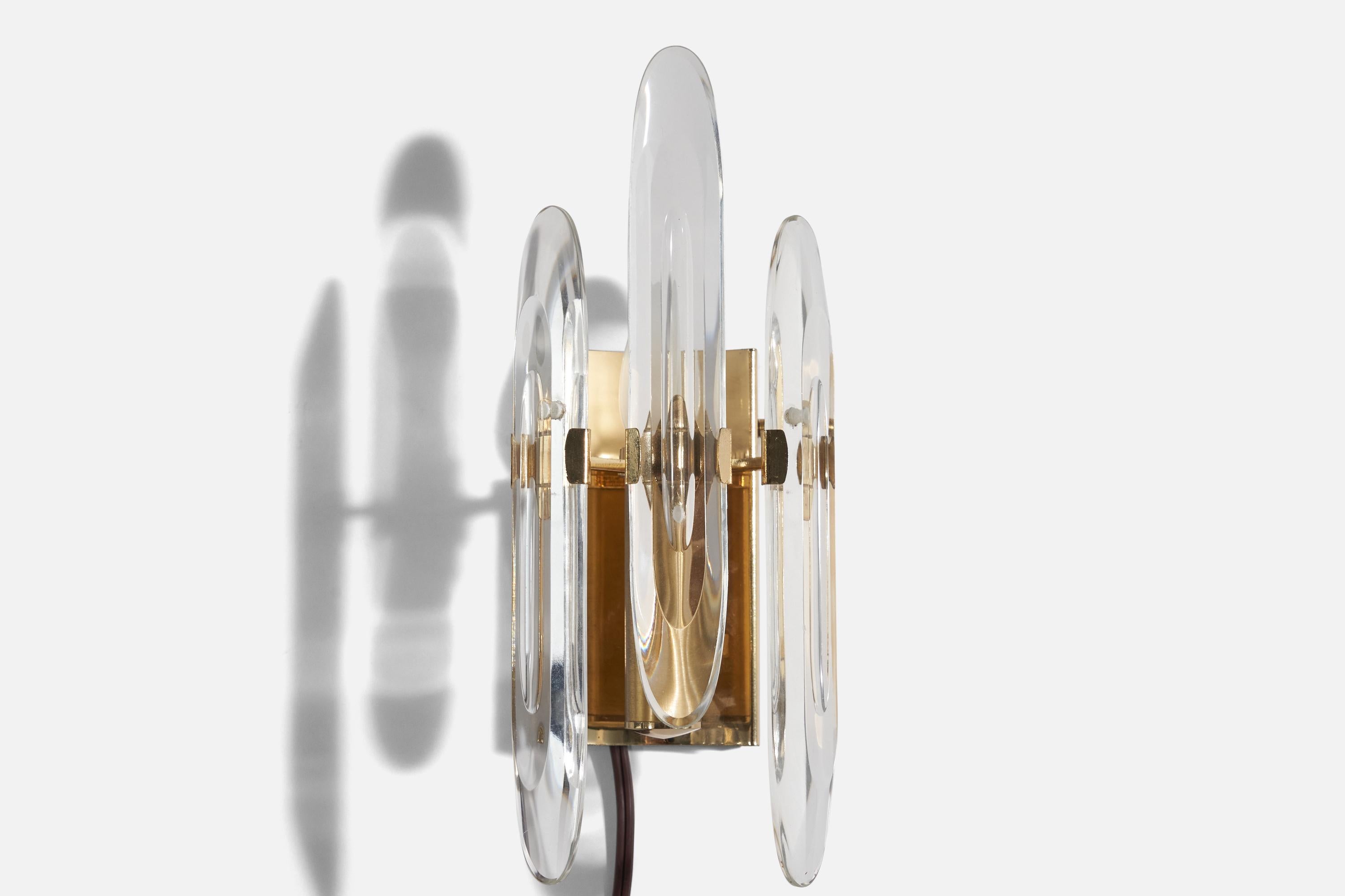 Late 20th Century Italian Designer, Wall Light, Brass, Glass, Italy, 1970s For Sale