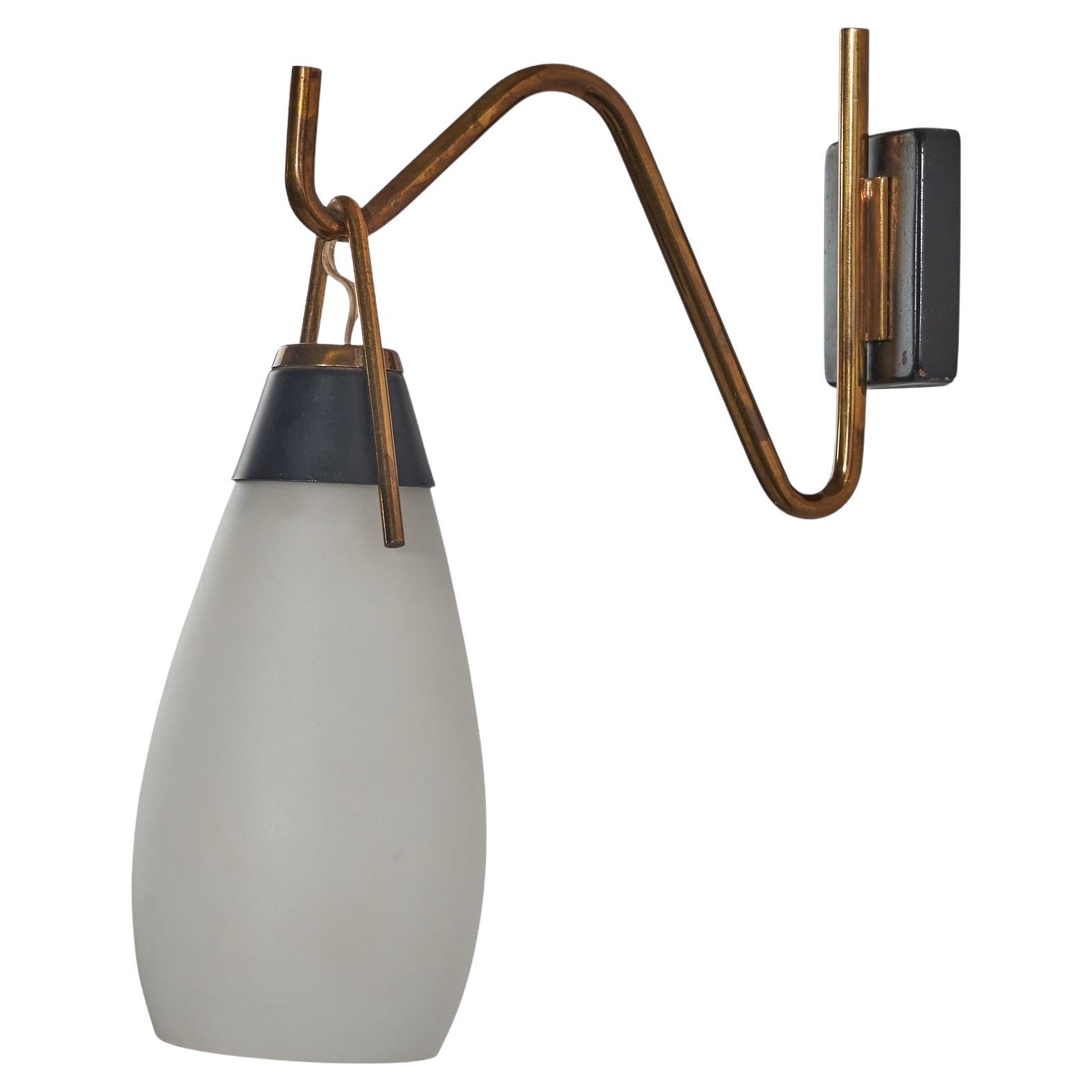 Italian Designer, Wall Light, Brass, Glass, Metal, Italy, 1950s