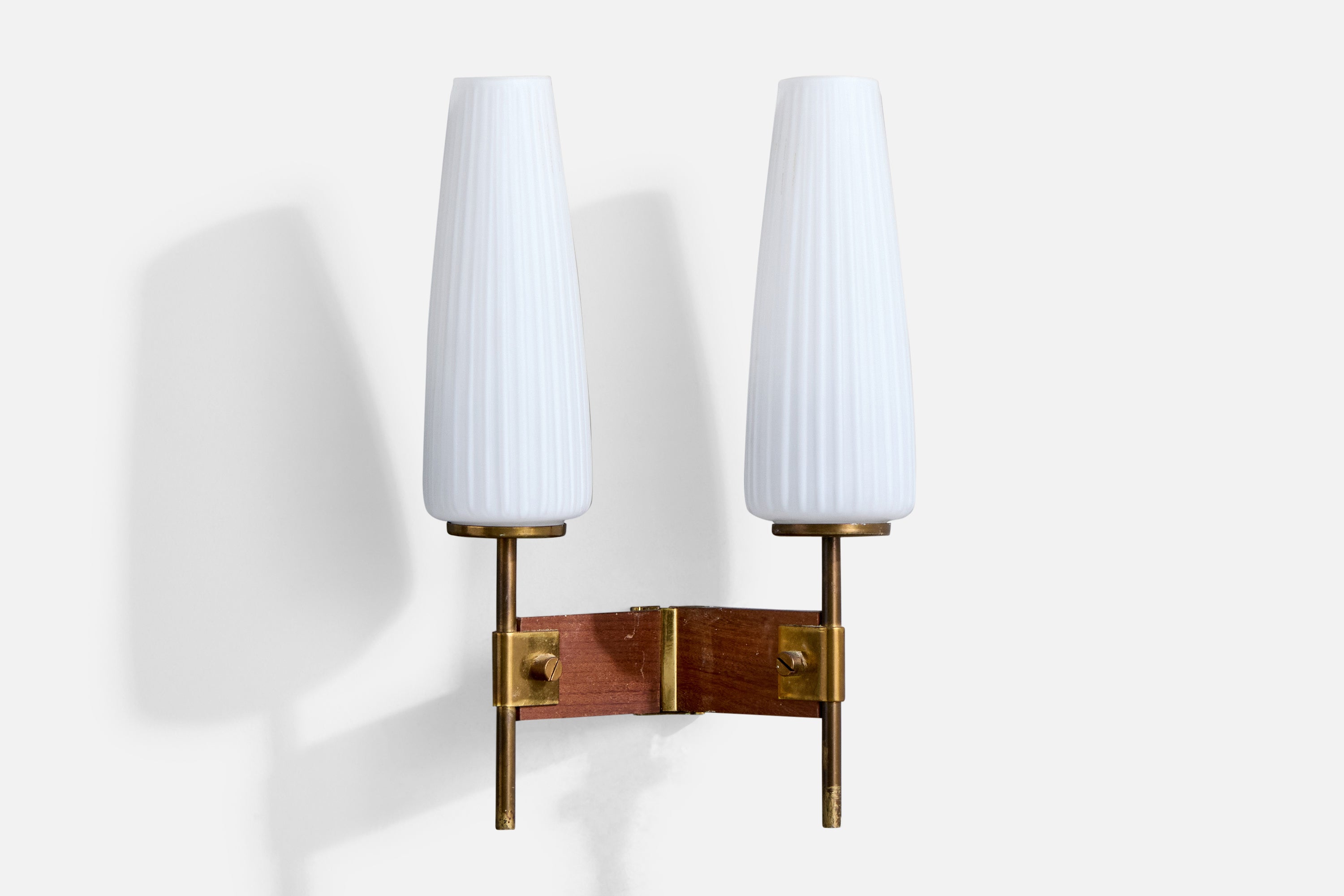 A teak, brass and white opaline glass wall light designed and produced in Italy, c. 1950s.

Overall Dimensions (Inches): 12” H x 7.75” W x 4.25“ D

Back Plate Dimensions (Inches): 1.8” H x 1.25“ W x .4” D

Bulb Specifications: E-14

Number of