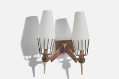 Italian Designer, Wall Light, Brass, Glass, Teak, Italy, 1950s