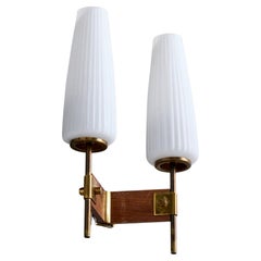 Italian Designer, Wall Light, Brass, Glass, Teak, Italy, 1950s