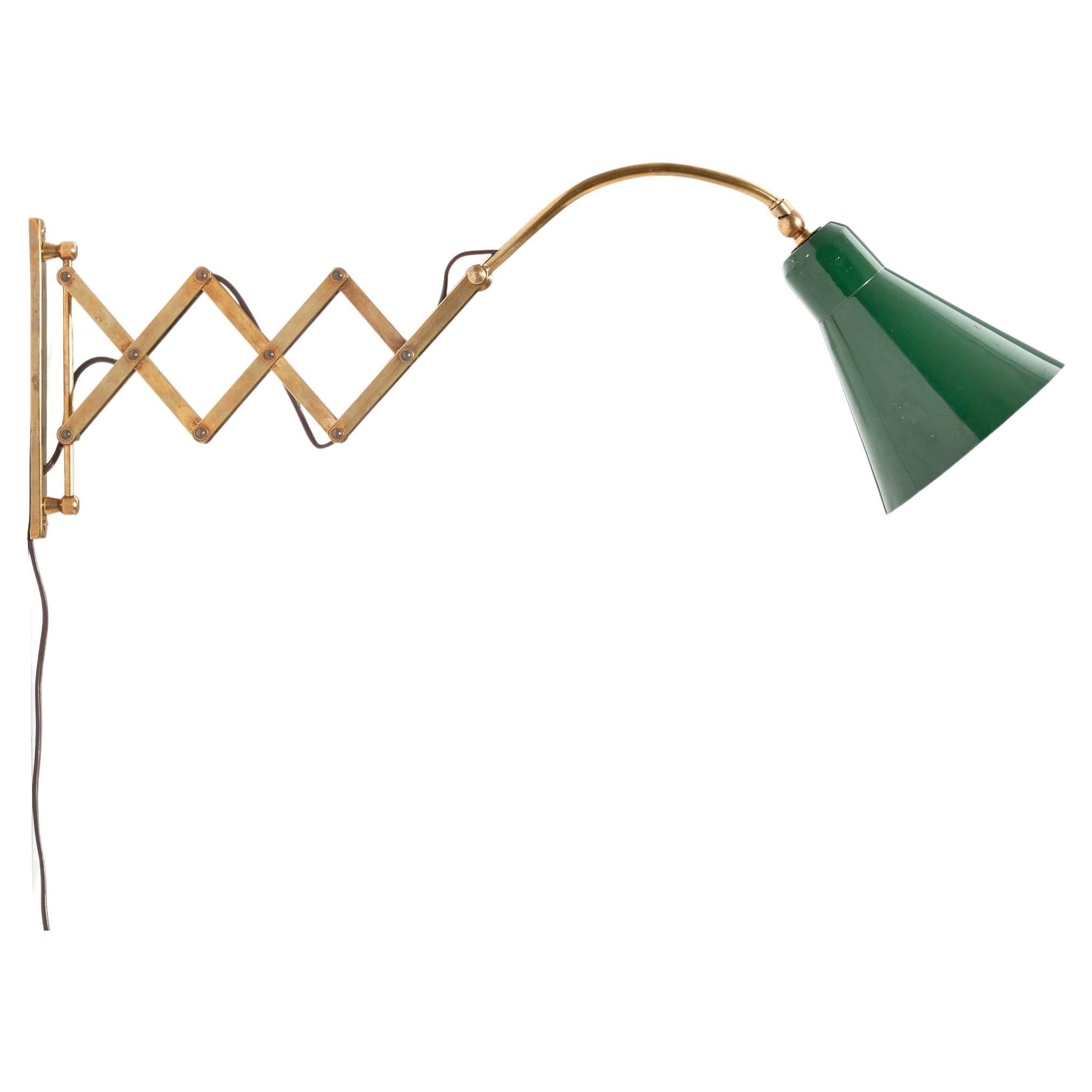 Italian Designer, Wall Light, Brass, Green Lacquered Metal, Italy, 1940s For Sale