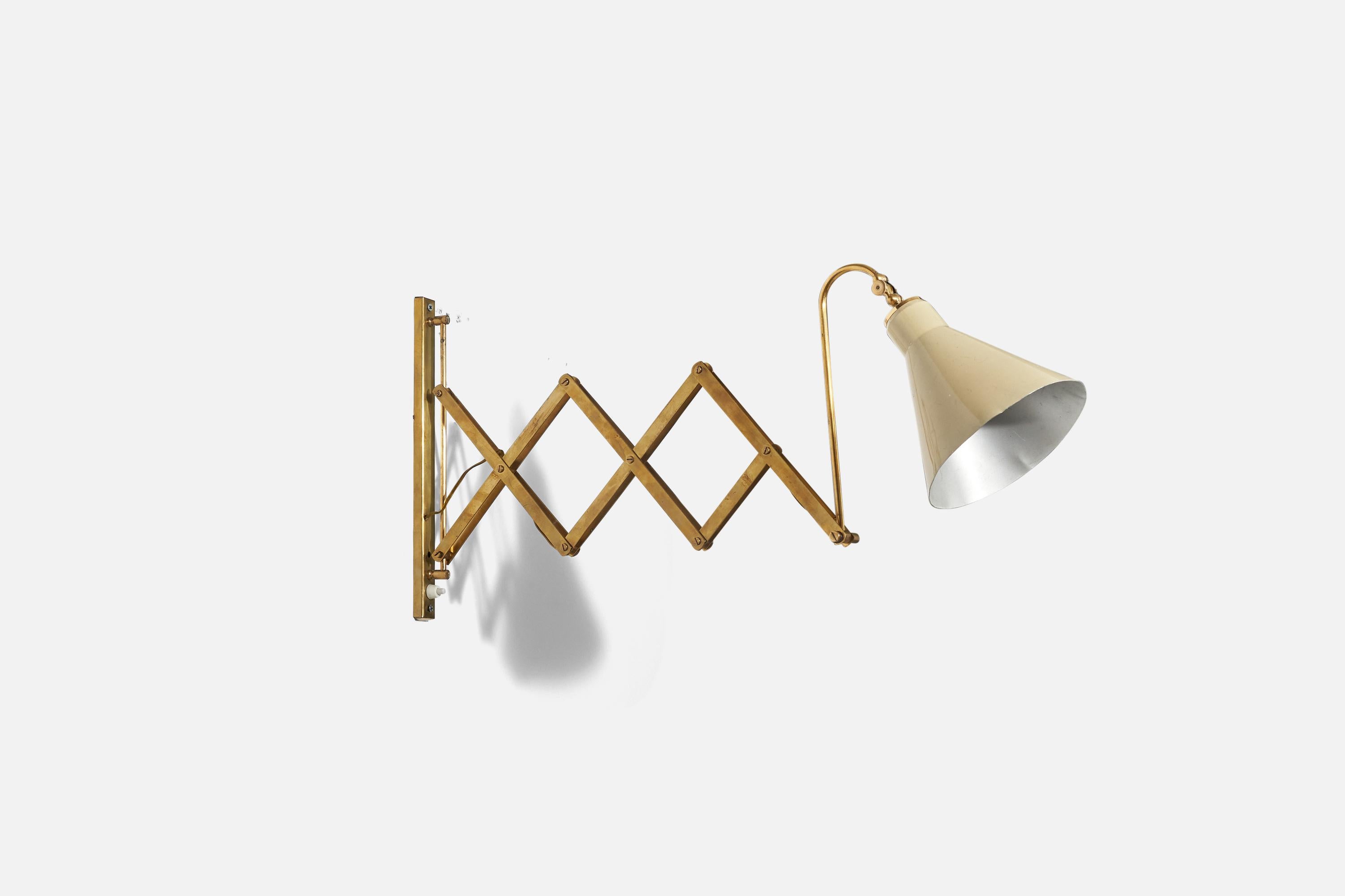 A brass and lacquered metal wall light designed and produced in Italy, 1940s. 
 
Variable dimensions, measured as illustrated in the first image. 
Dimensions of back plate (inches) : (13 x 1 x .18) (H x W x D).