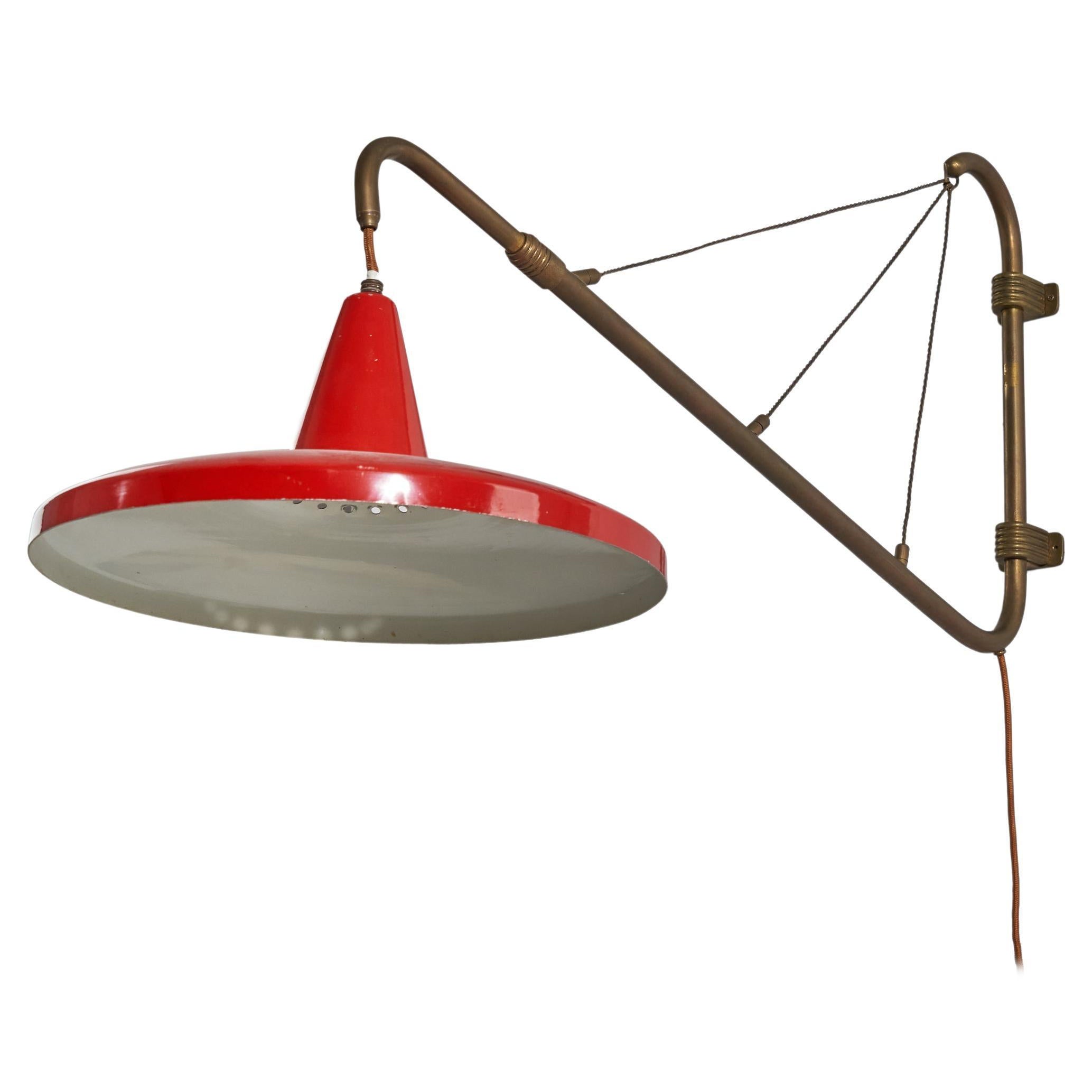 Italian Designer, Wall Light, Brass, Lacquered Metal, Italy, 1940s For Sale