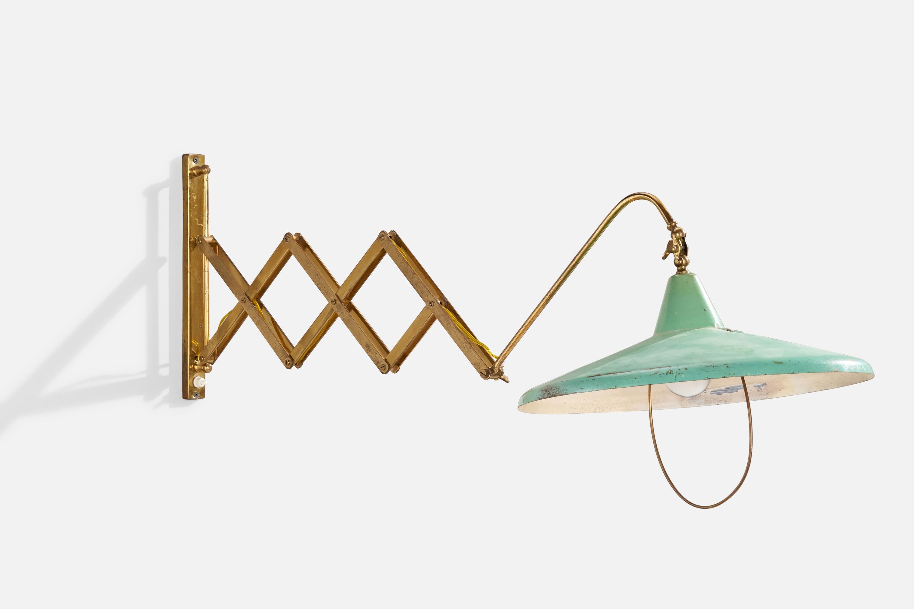 An adjustable brass and green-lacquered metal wall light designed and produced in Italy, c. 1940s.

Dimensions variable 
Overall Dimensions (inches): 12.75” H x 14” W x 44” D
Back Plate Dimensions (inches): 12.75” H x 1.25” W x 0.40” D
Bulb