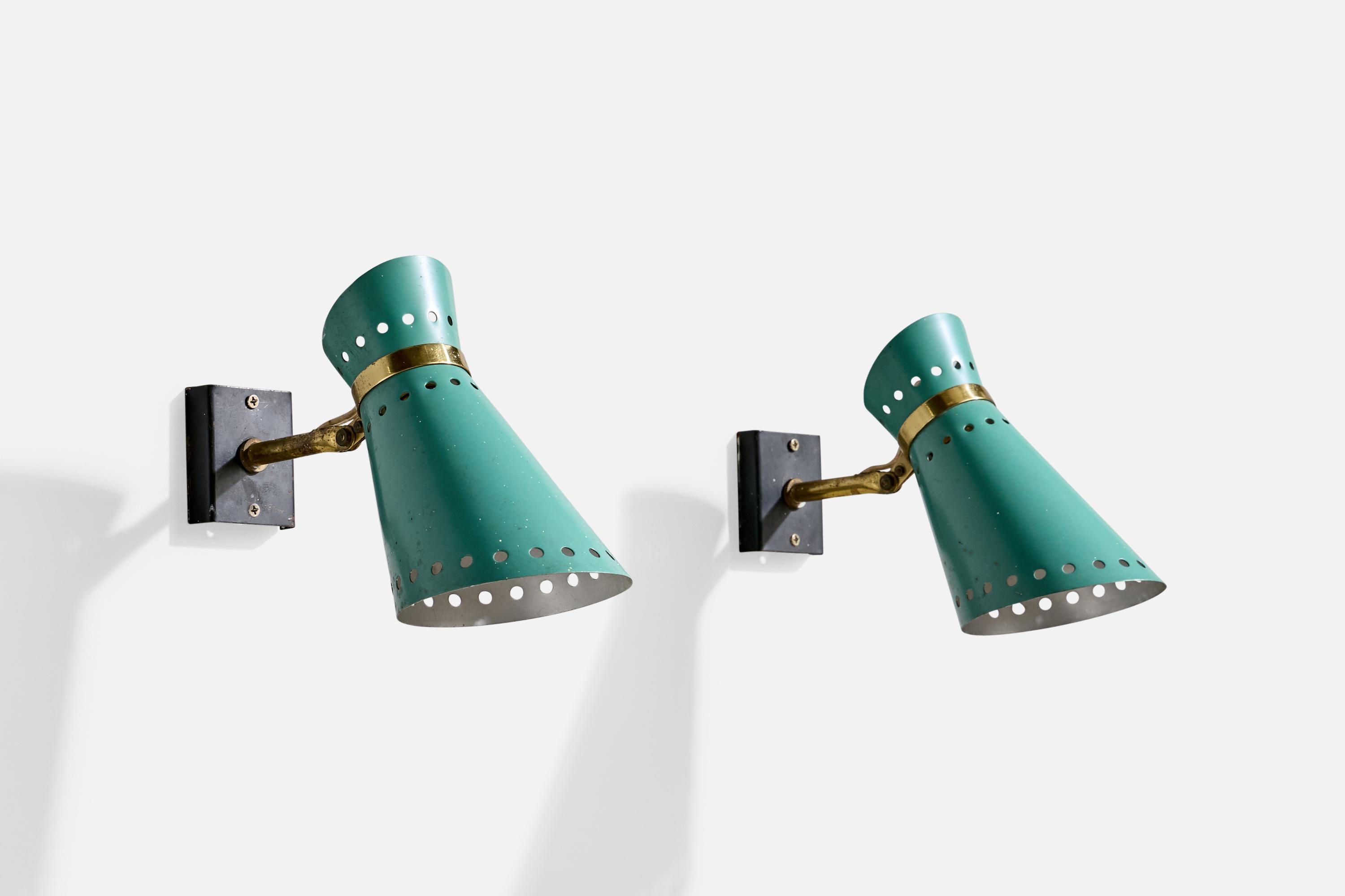 A pair of brass, black and blue-lacquered metal wall lights designed and produced in Italy, c. 1950s.

Overall Dimensions (Inches): 6.75