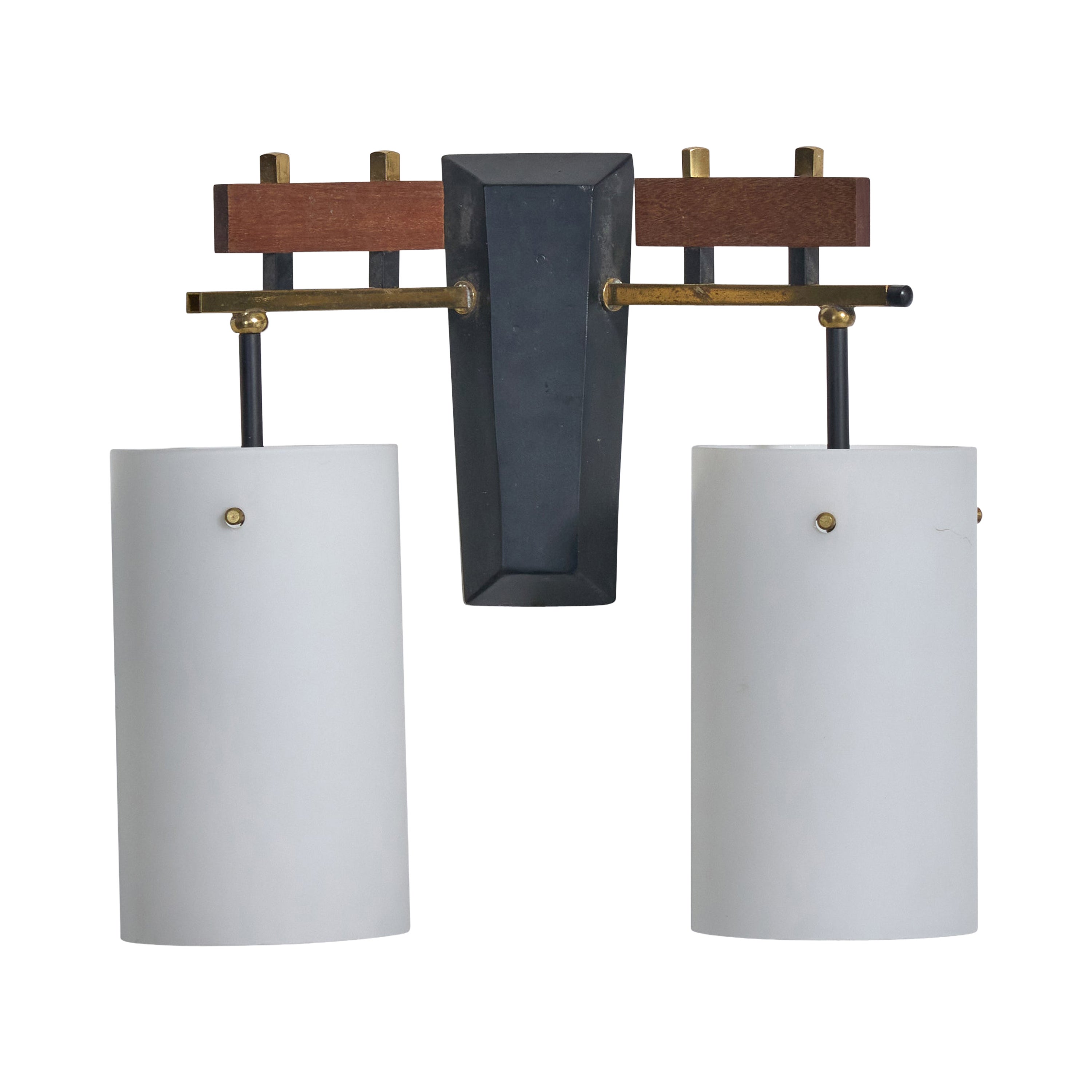 Italian Designer, Wall Light, Brass, Metal, Teak, Glass, Italy, 1950s For Sale