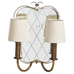 Italian Designer, Wall Light, Brass, Mirror, Fabric, Italy, 1940s Italian Designer, Wall Light, Brass, Mirror, Fabric, Italy, 1940s