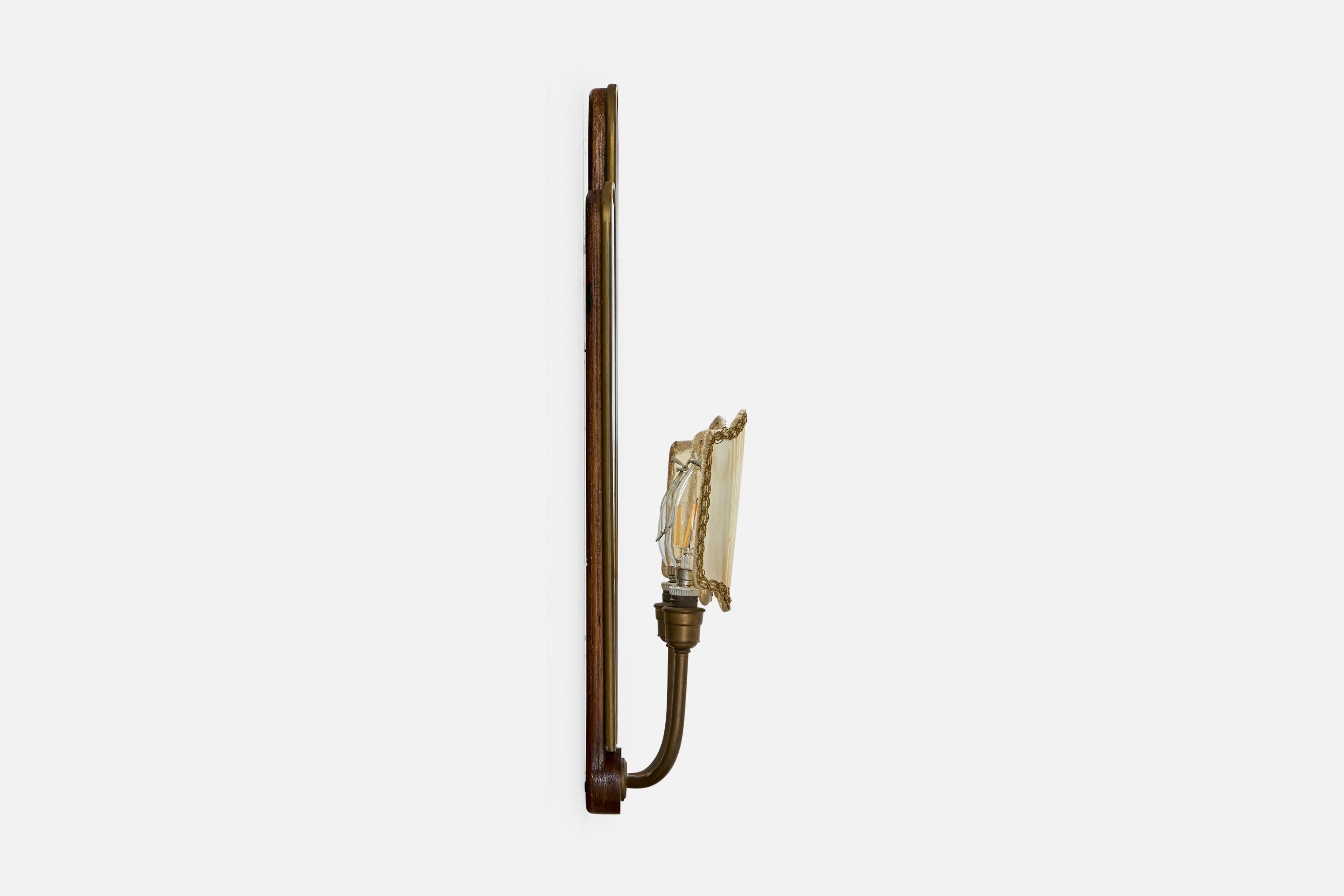 Mid-20th Century Italian Designer, Wall Light, Brass, Mirror, Fabric, Wood, Italy, 1940s For Sale