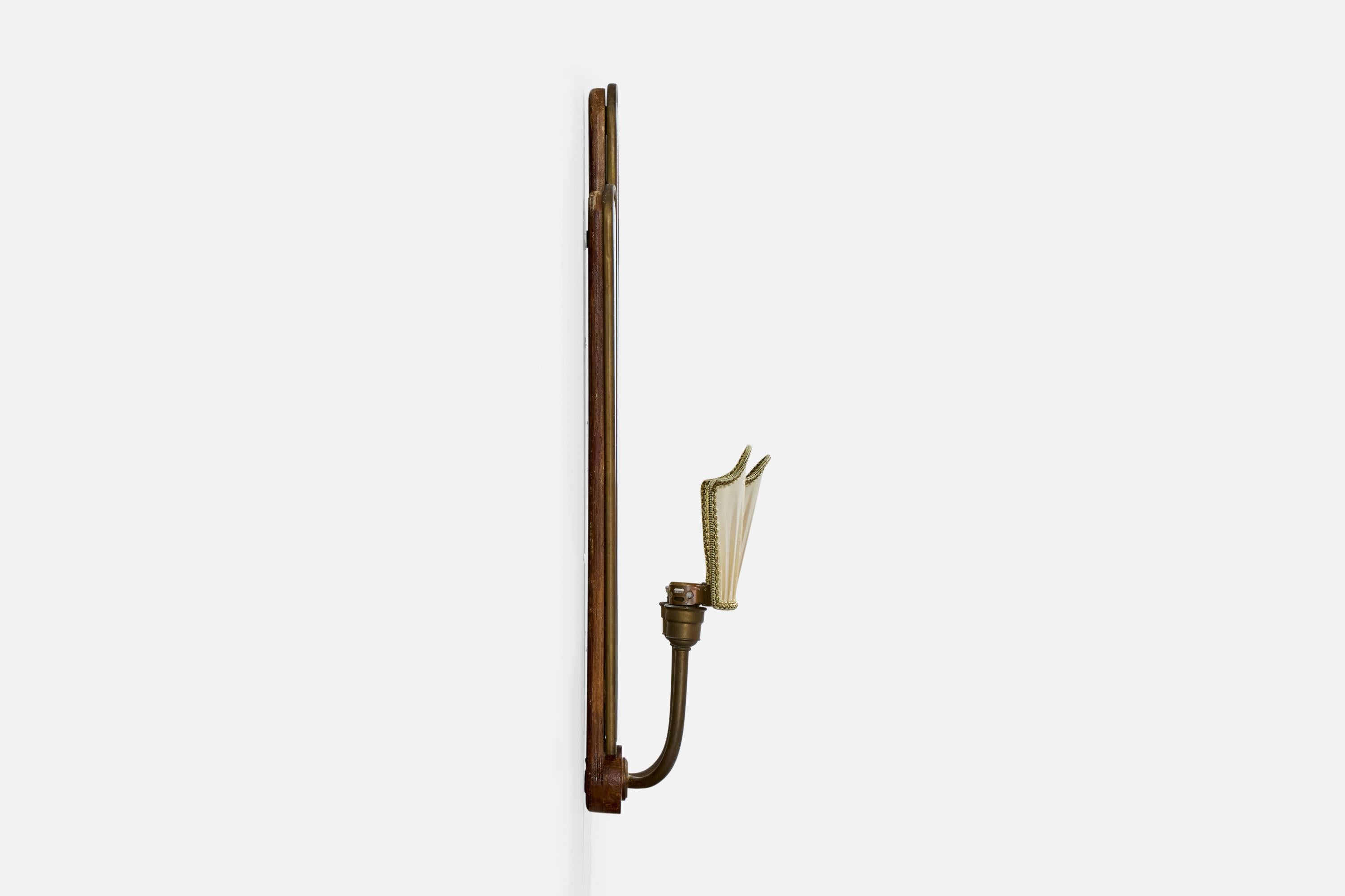 Mid-20th Century Italian Designer, Wall Light, Brass, Mirror, Fabric, Wood, Italy, 1940s For Sale
