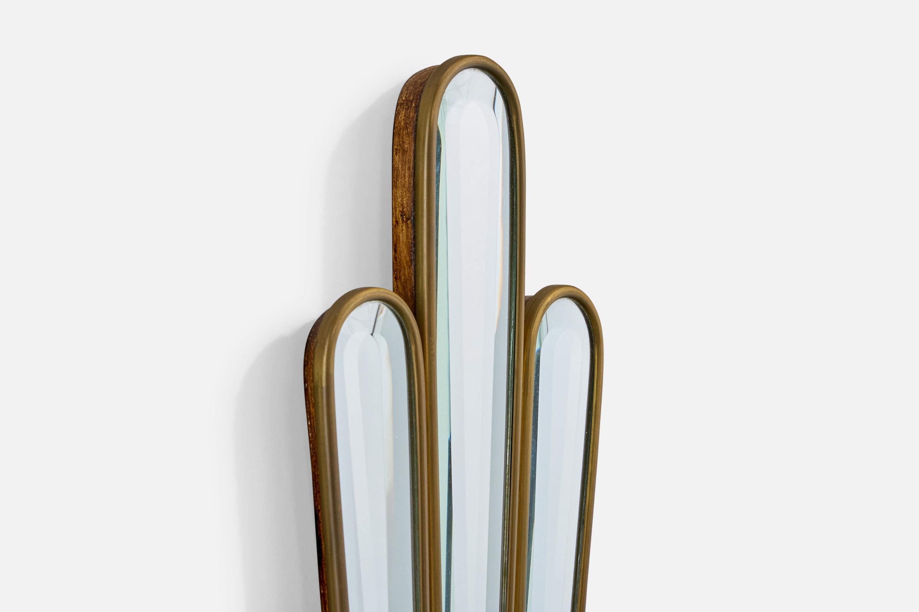 Italian Designer, Wall Light, Brass, Mirror, Fabric, Wood, Italy, 1940s For Sale 1