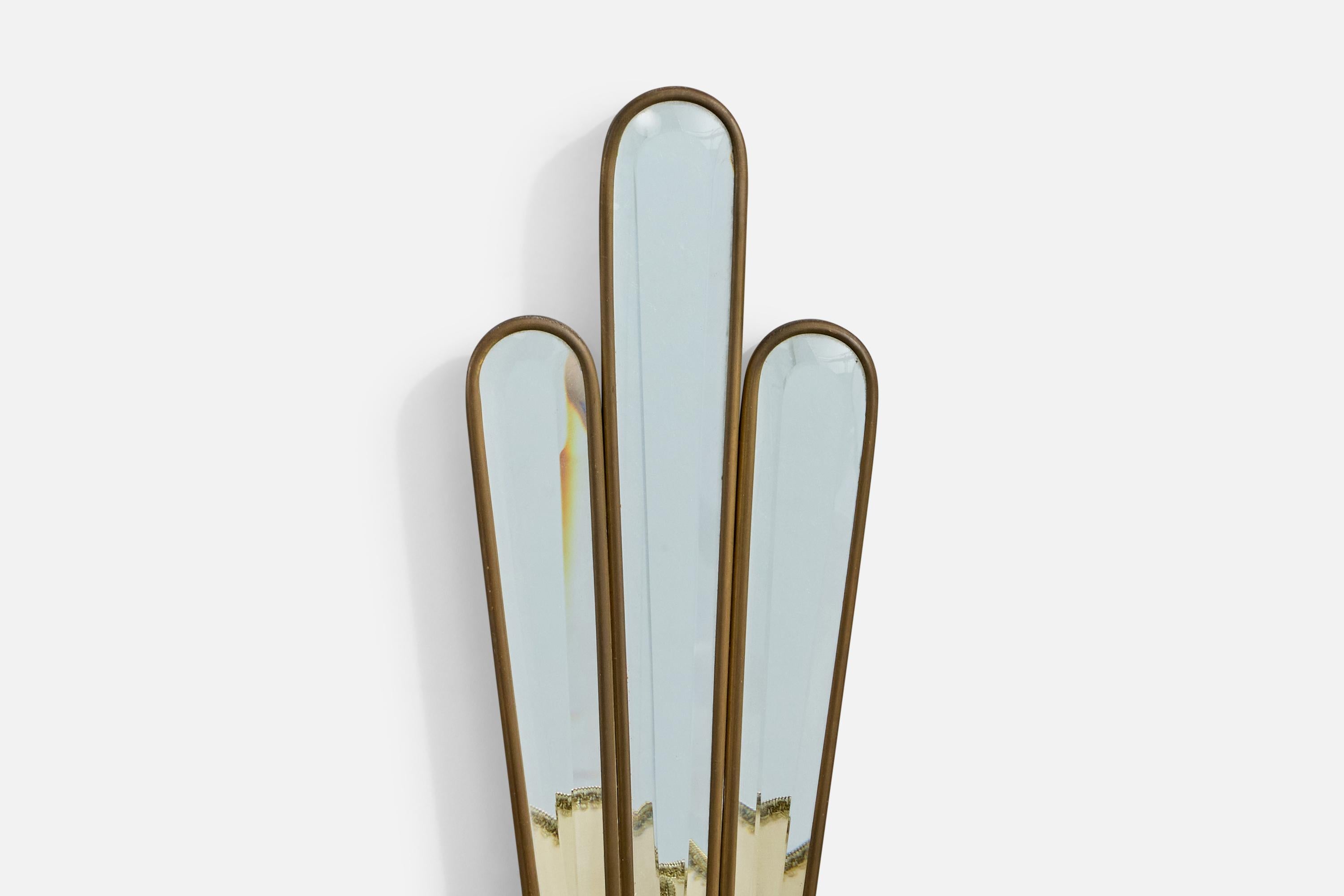 Italian Designer, Wall Light, Brass, Mirror, Fabric, Wood, Italy, 1940s For Sale 1