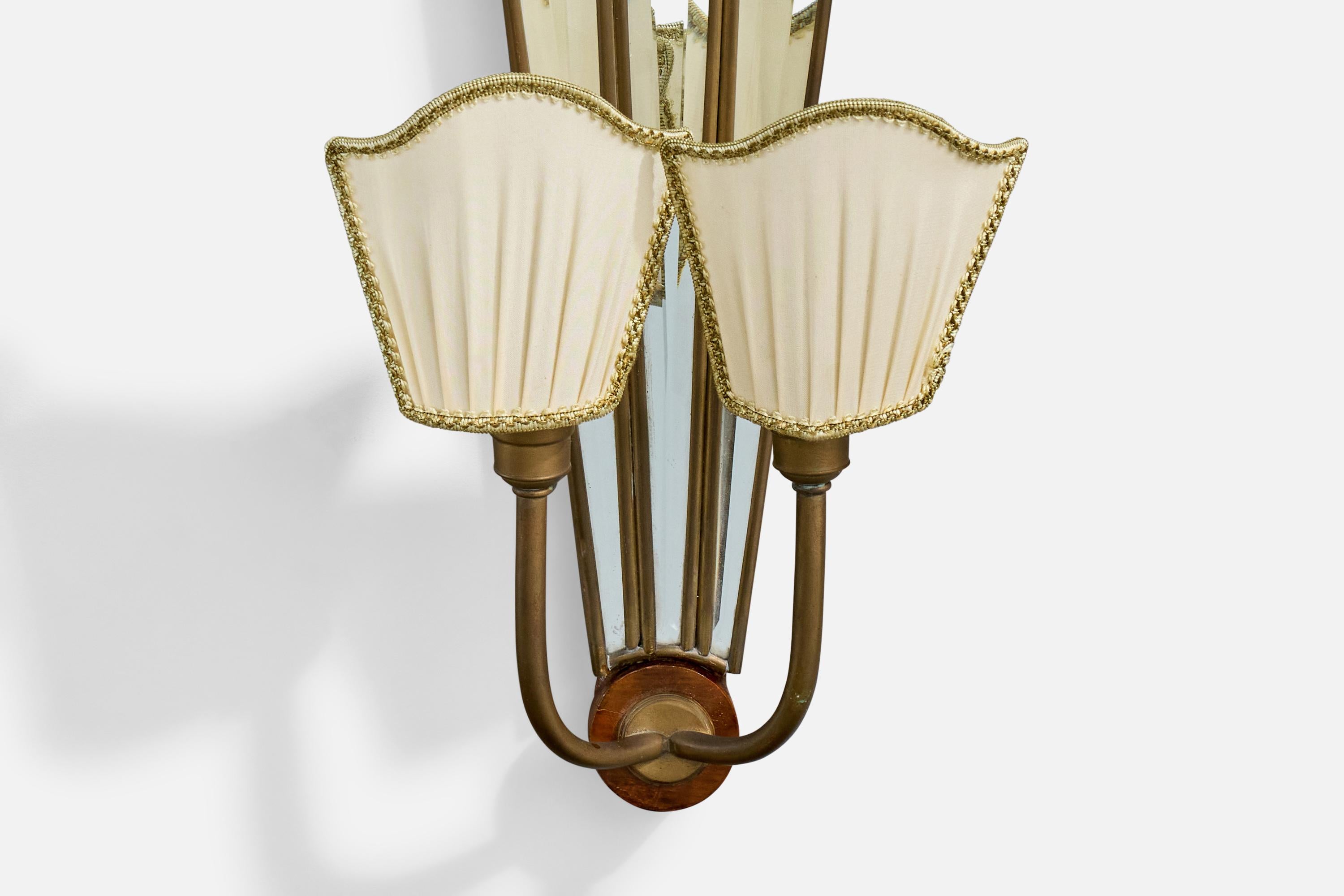 Italian Designer, Wall Light, Brass, Mirror, Fabric, Wood, Italy, 1940s For Sale 3