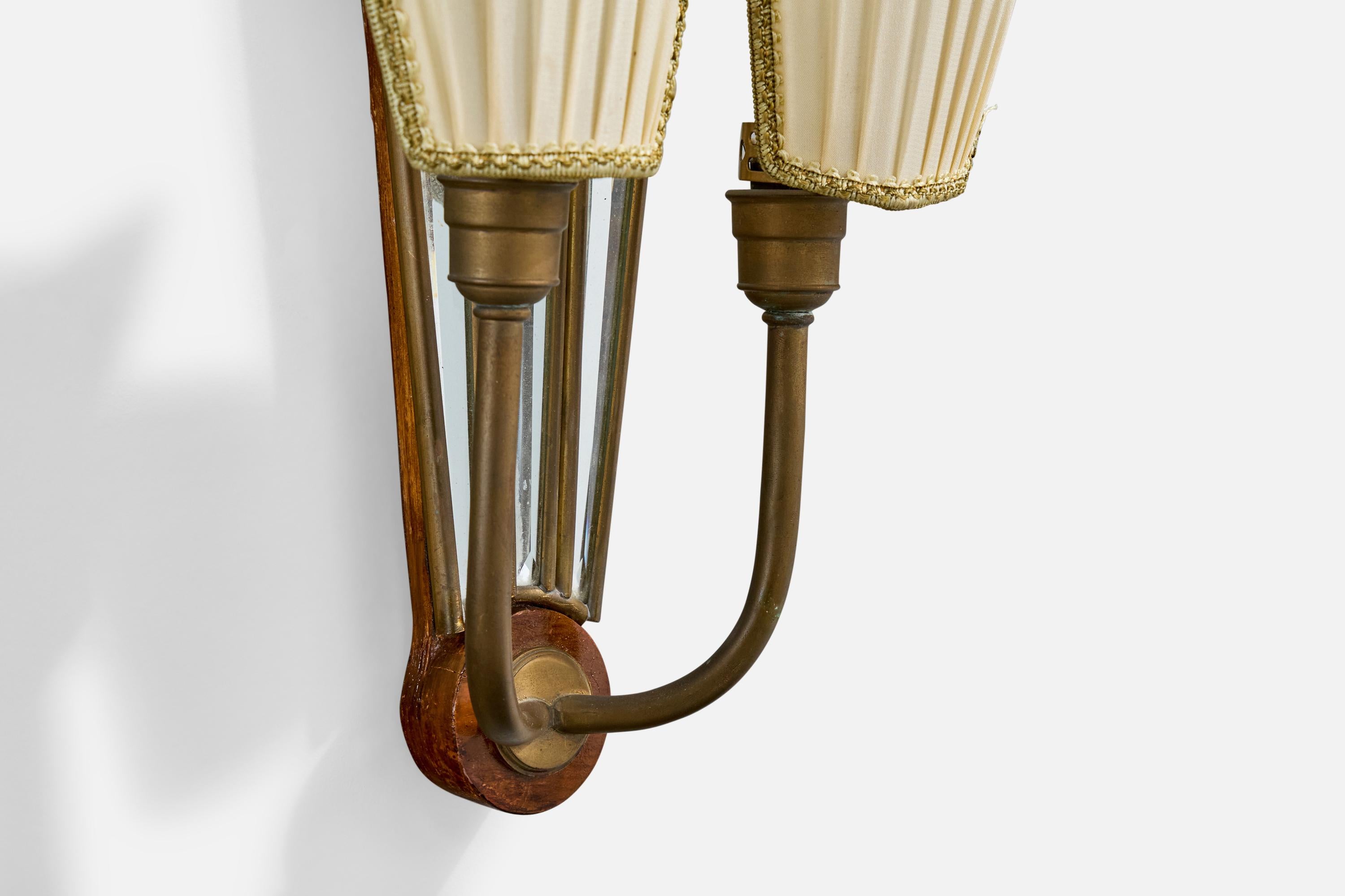 Italian Designer, Wall Light, Brass, Mirror, Fabric, Wood, Italy, 1940s For Sale 4