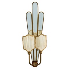 Italian Designer, Wall Light, Brass, Mirror, Fabric, Wood, Italy, 1940s