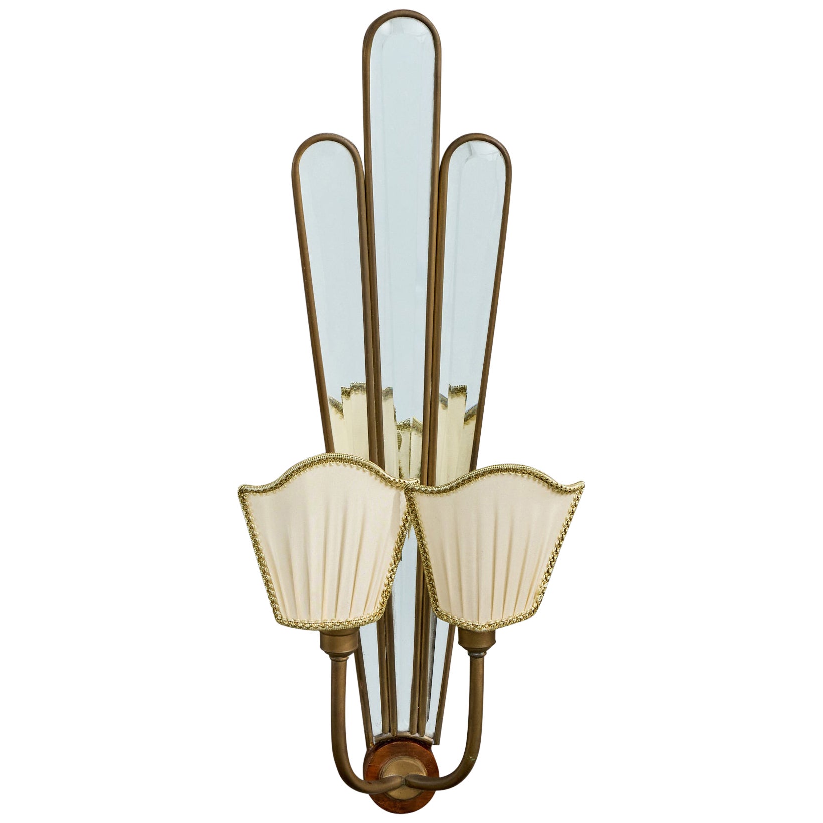 Italian Designer, Wall Light, Brass, Mirror, Fabric, Wood, Italy, 1940s For Sale