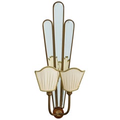 Italian Designer, Wall Light, Brass, Mirror, Fabric, Wood, Italy, 1940s