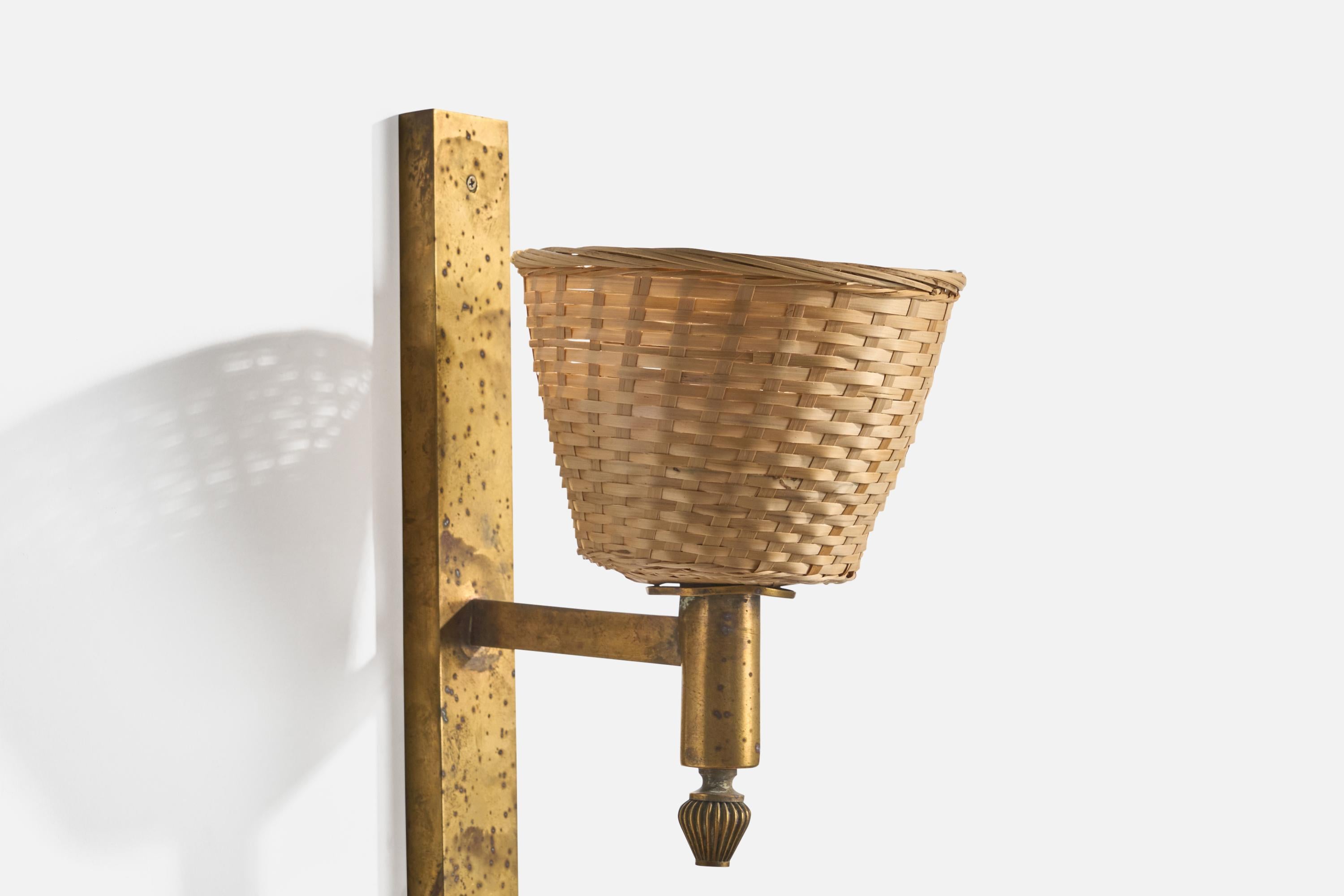 Italian Designer, Wall Light, Brass, Rattan, Italy, 1930s For Sale 1