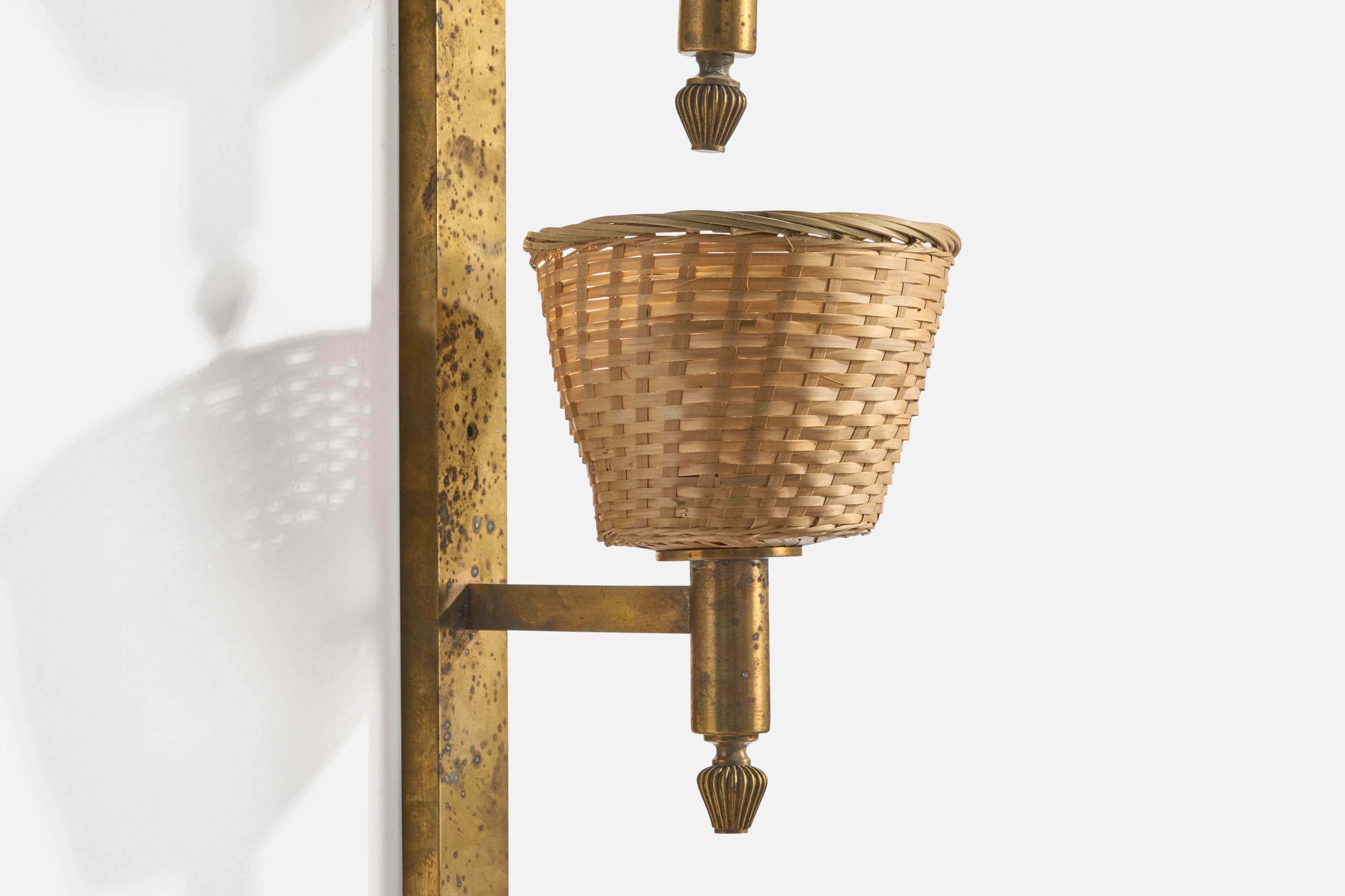 Italian Designer, Wall Light, Brass, Rattan, Italy, 1930s For Sale 2