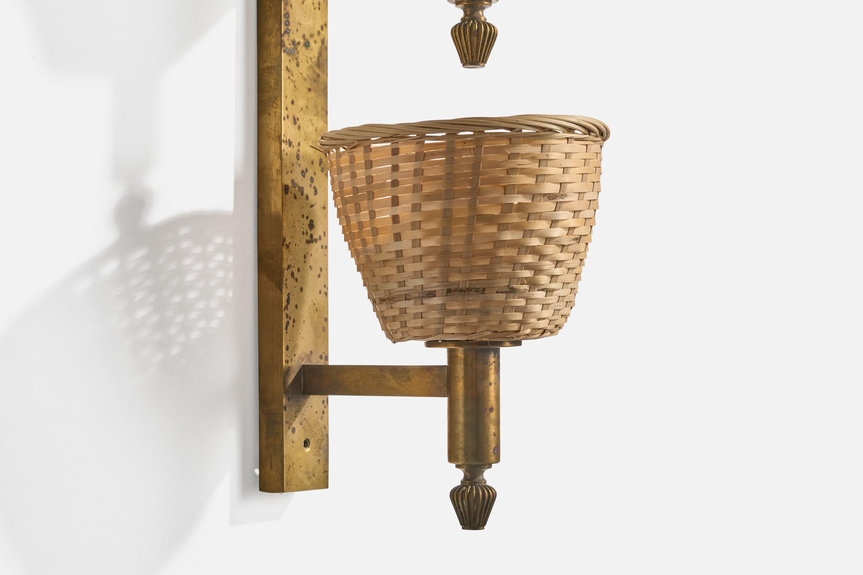 Italian Designer, Wall Light, Brass, Rattan, Italy, 1930s For Sale 3