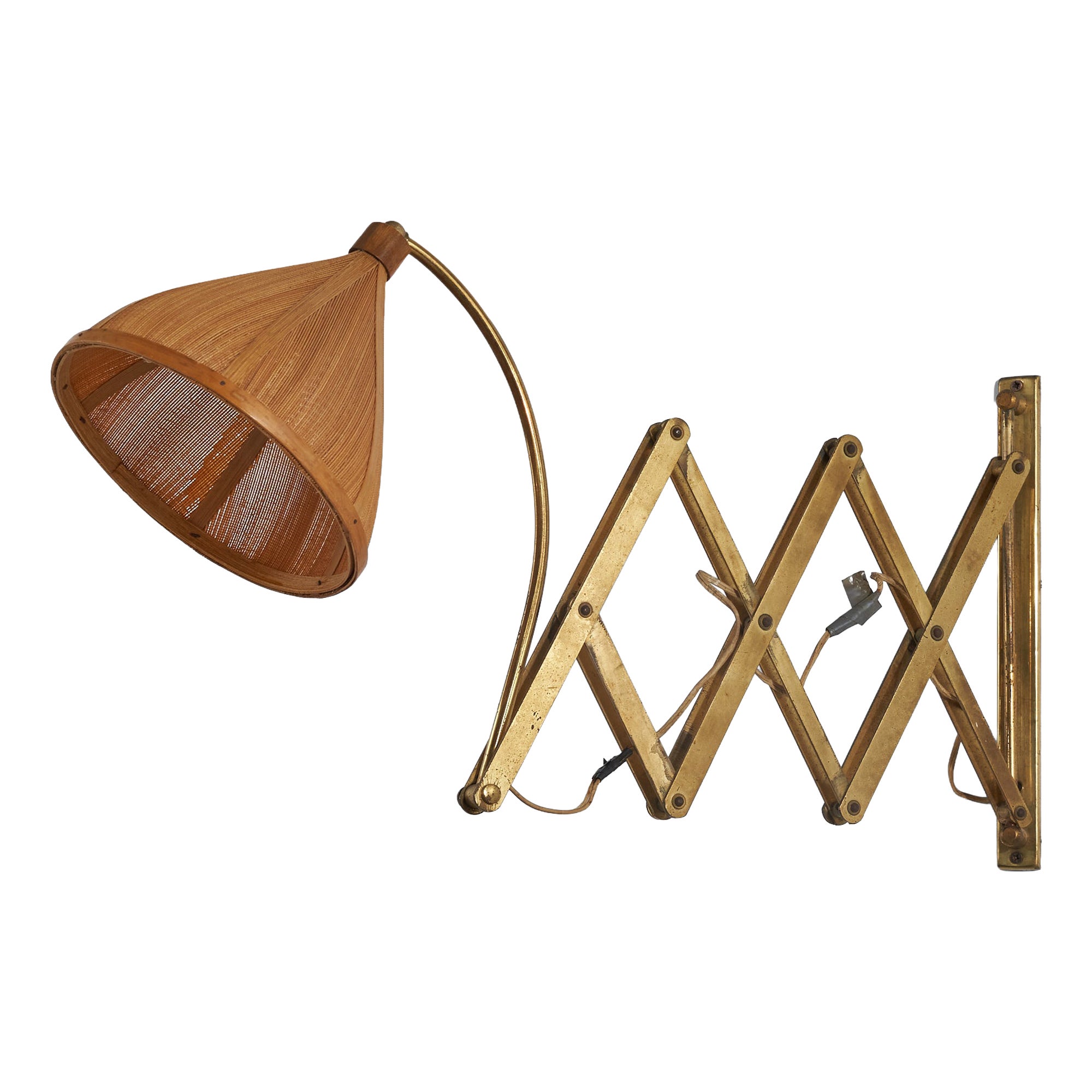 Italian Designer, Wall Light, Brass, Rattan, Italy, 1940s For Sale