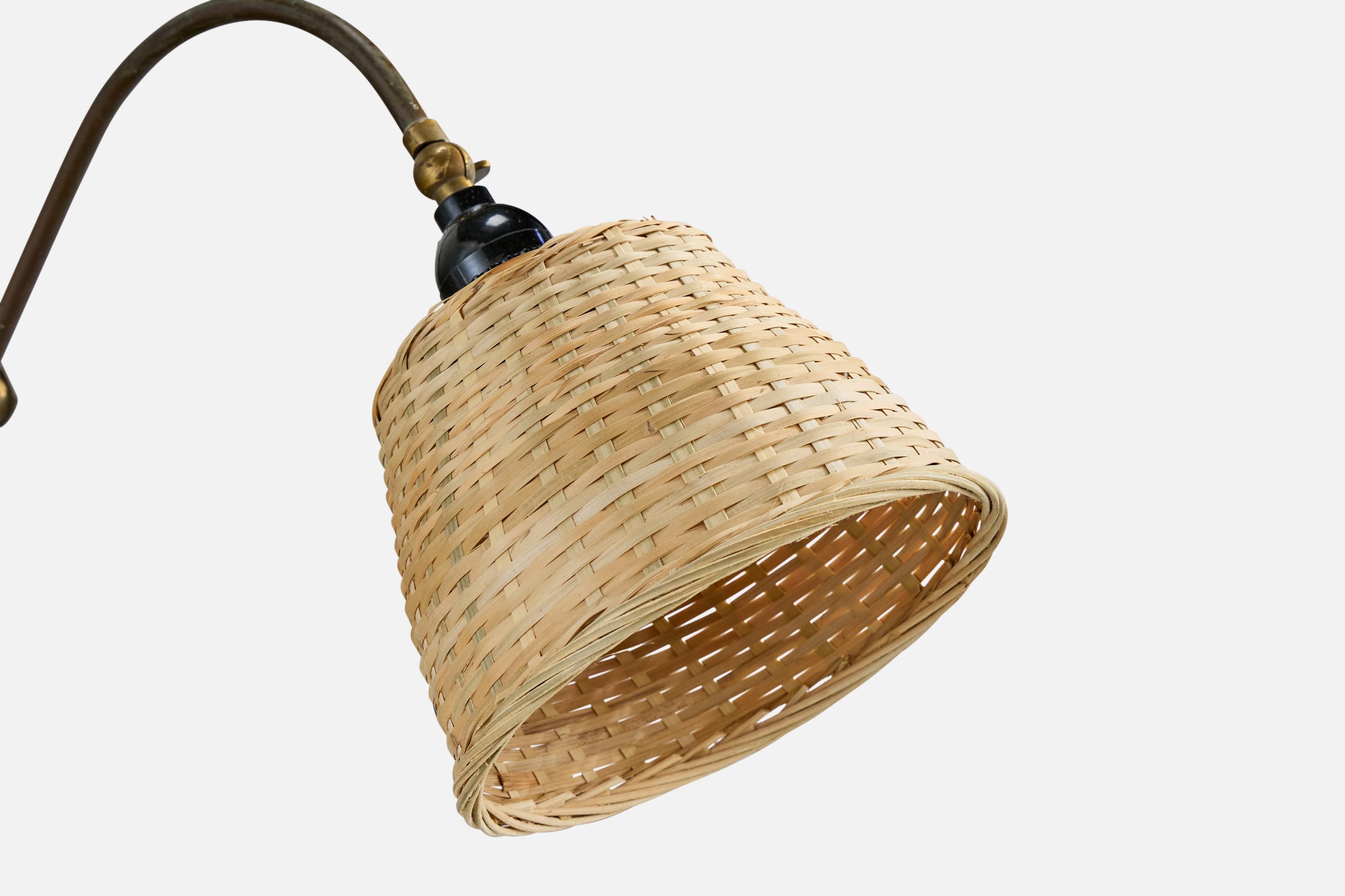 Italian Designer, Wall Light, Brass, Rattan, Wood, Italy, 1940s For Sale 6