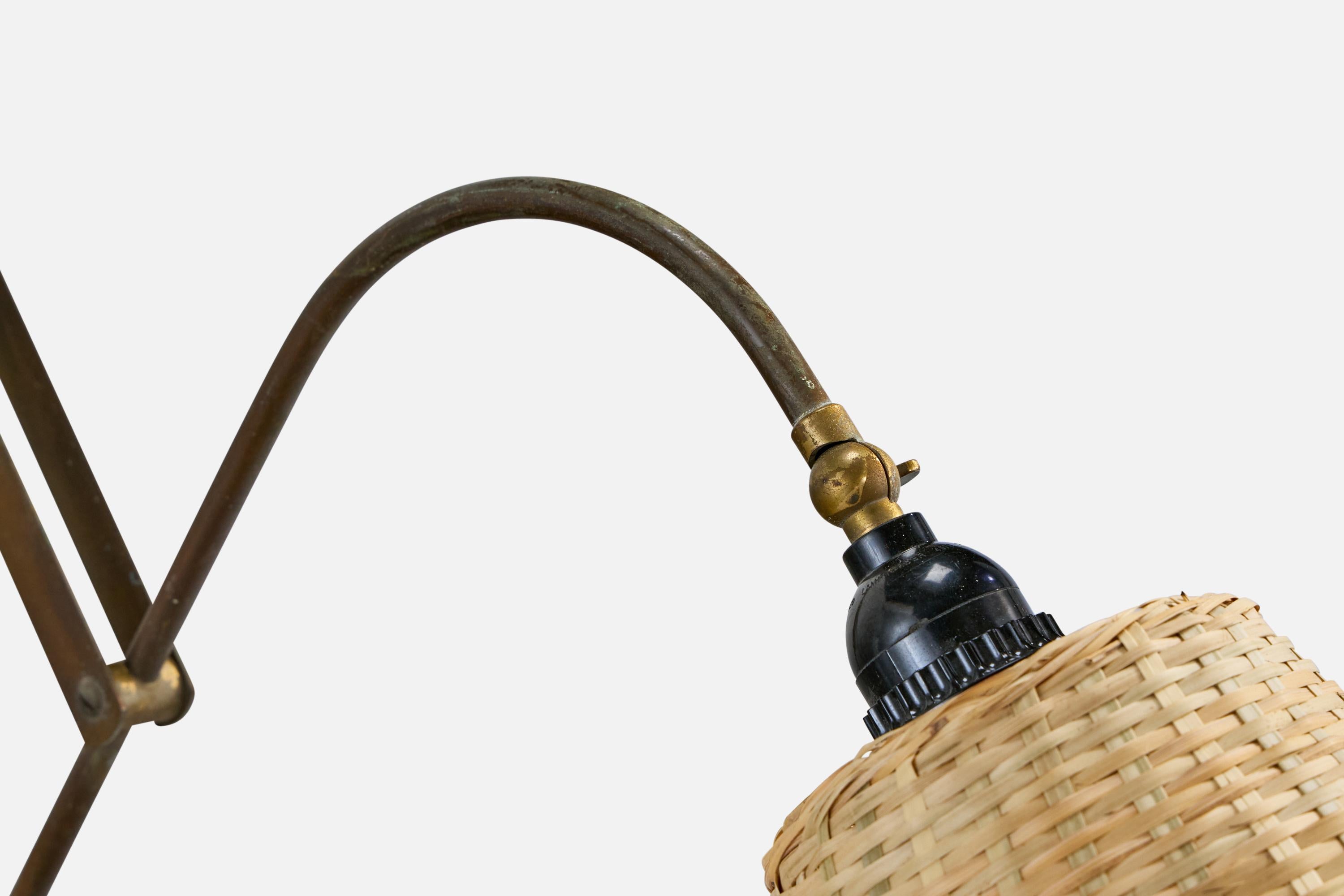 Italian Designer, Wall Light, Brass, Rattan, Wood, Italy, 1940s For Sale 5