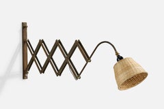 Italian Designer, Wall Light, Brass, Rattan, Wood, Italy, 1940s