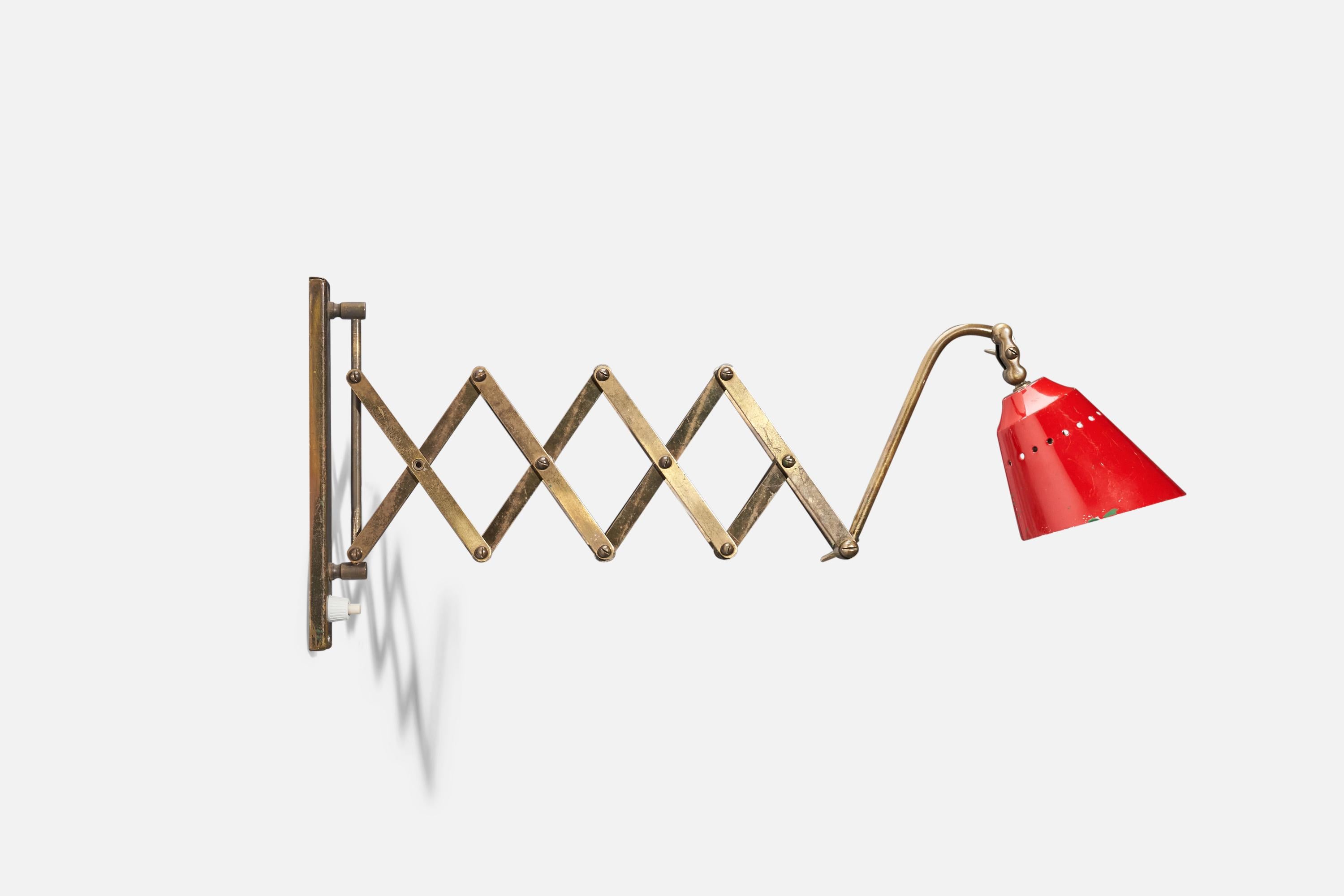 Mid-20th Century Italian Designer, Wall Light, Brass, Red Lacquer Metal, Italy, 1940s For Sale